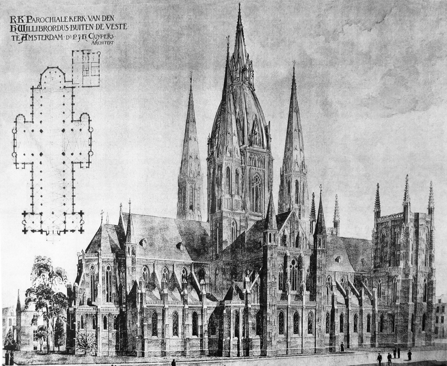 Perspektivische Darstellung des überarbeiteten Entwurfs zur Kirche St. Willibrordus am großen Amstelkanal. Das Projekt zeigt die Variante mit der zentralen hohen Turmgruppe und der helmlosen Westfassade.