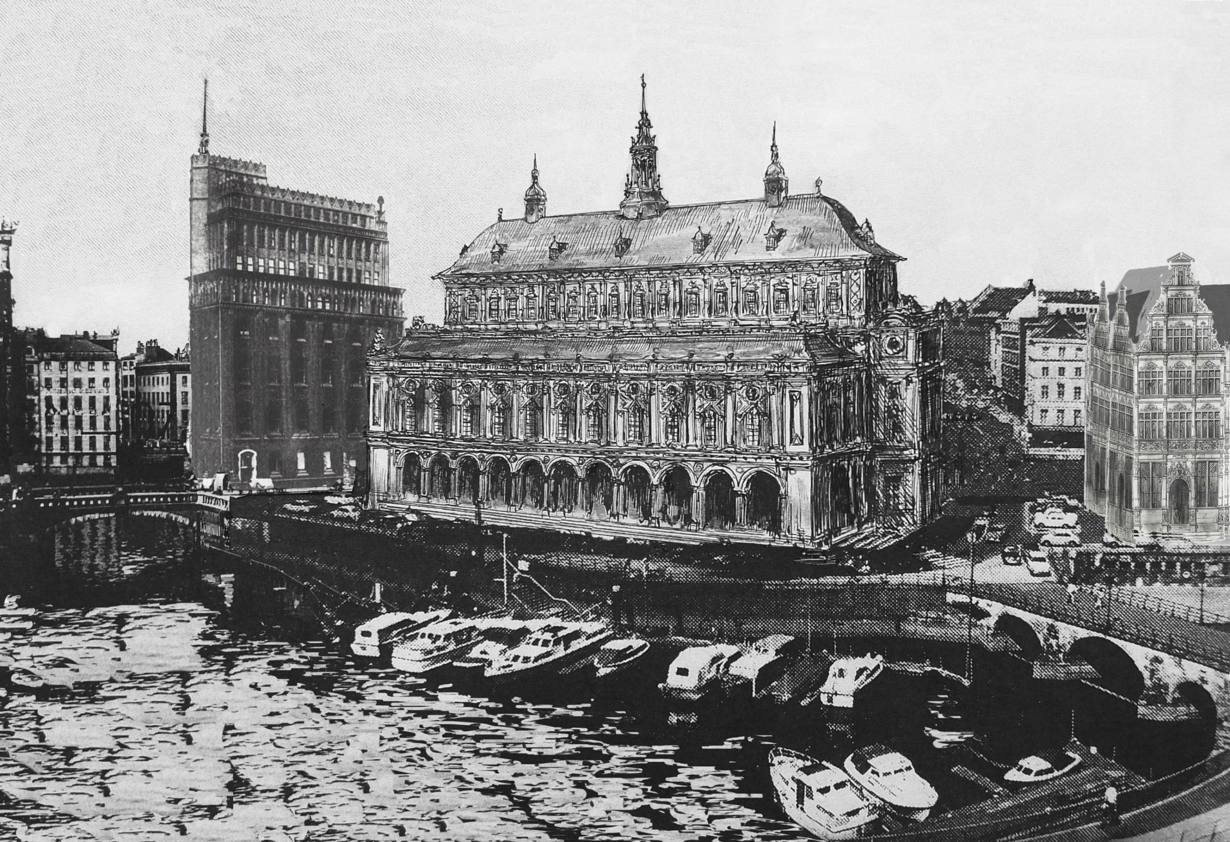 Neubau der Commerzbank als Erinnerungsbau des Commerziums. Gesehen vom Nicolaifleet. Rechts der Kaiserhof, links das Patriotische Gesellschaftshaus.