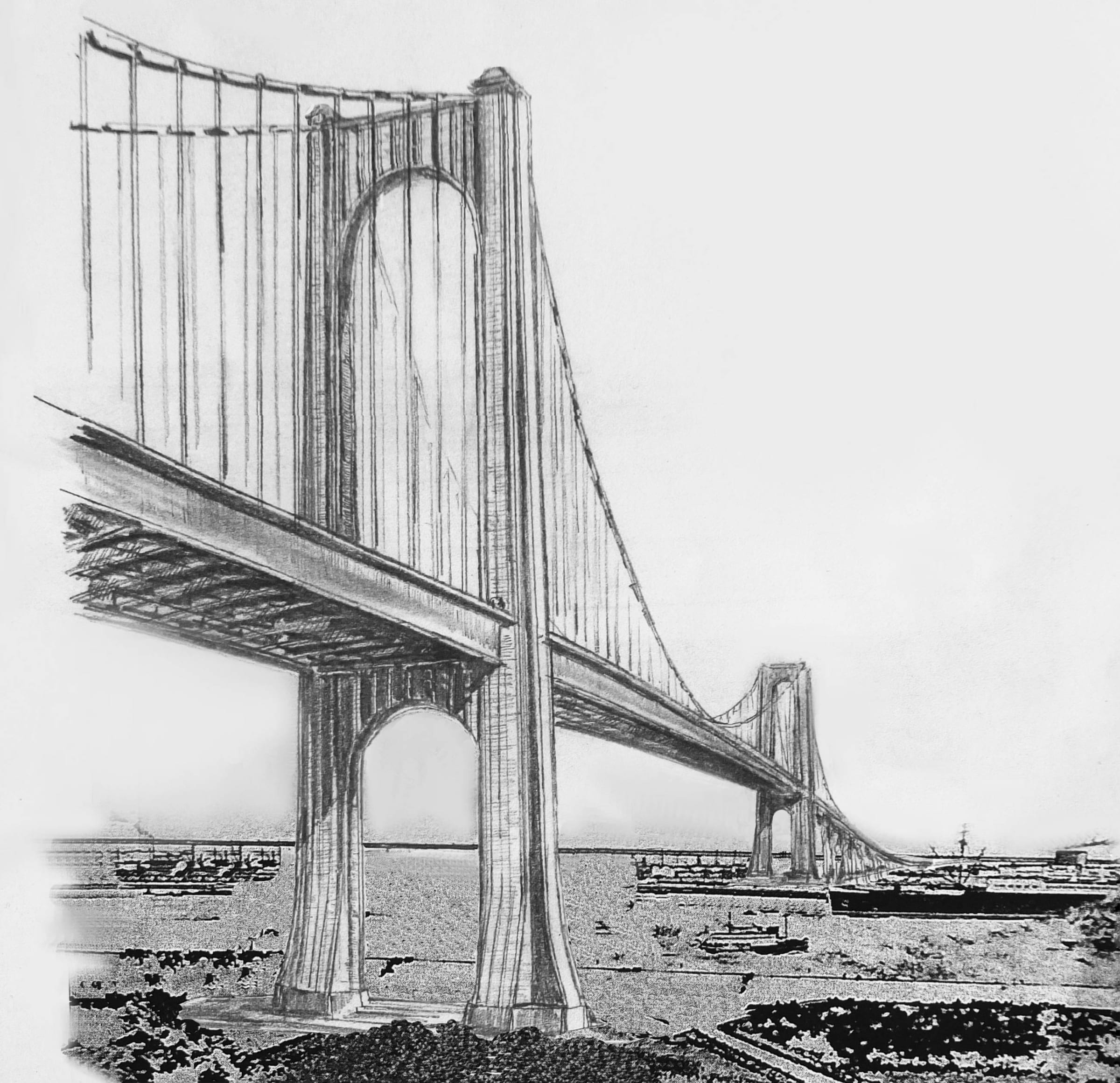 Skizze der Elbhochbrücke nach dem Entwurf Fritz Leonhardts in Stahlbauweise als Alternative zum steinverkleideten Entwurf von 1938.