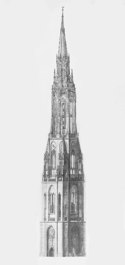 Turmentwurf für die Neue Kirche in gotischen Formen um 1645. Formal deutlich angelehnt an den bestehenden Kirchenbau.