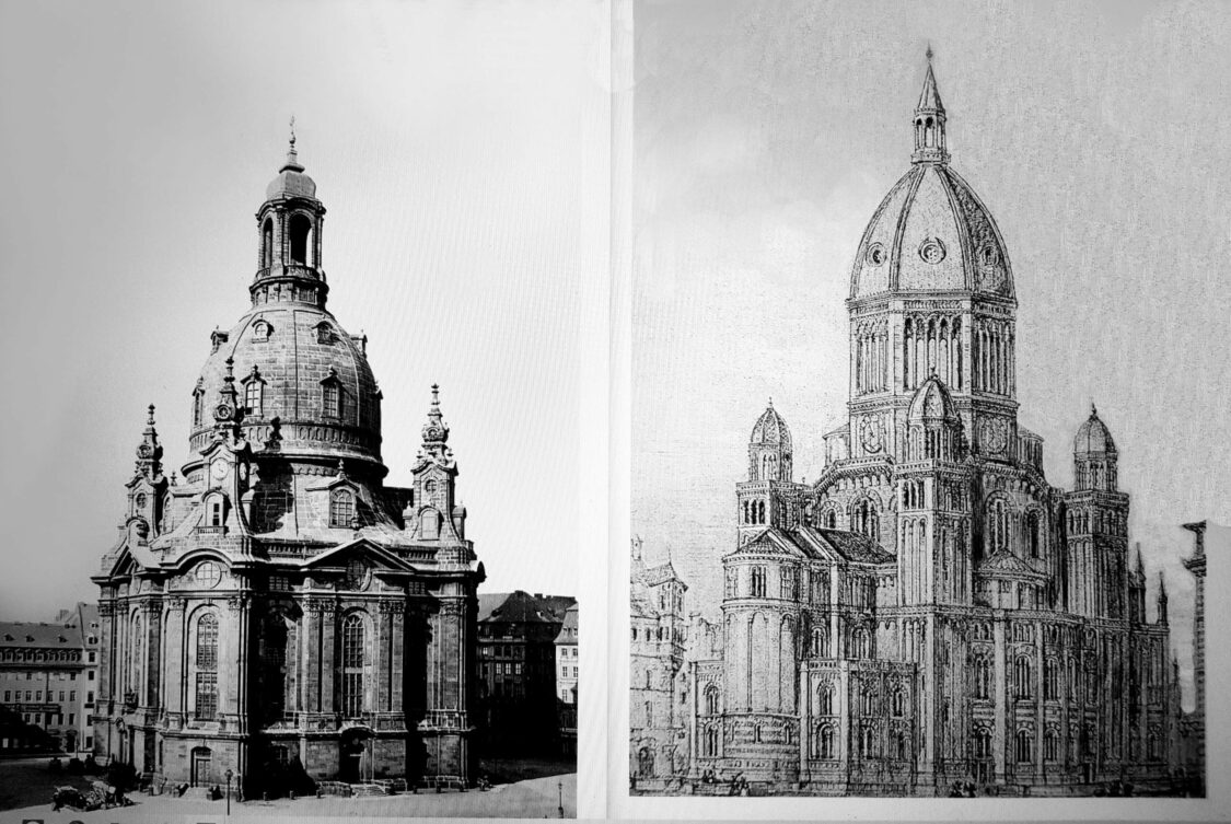 Abschließender Vergleich von Sempers Nicolaikirche mit der Dresdener Frauenkirche.