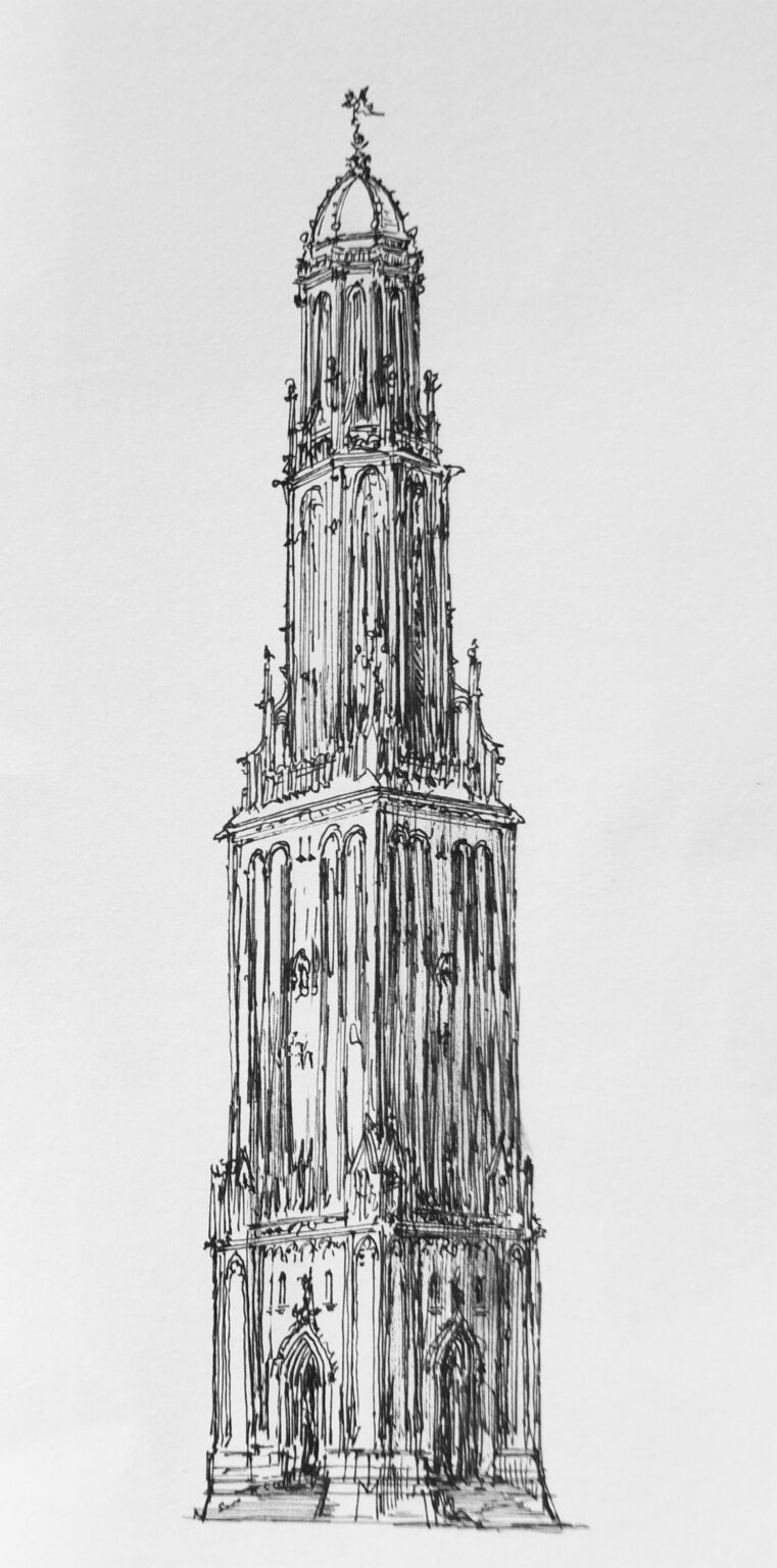 Turmentwurf für die Neue Kirche in gotischen Formen um 1645 nach Ideen Jacob van Campens, dem Erbauer des Rathauses.