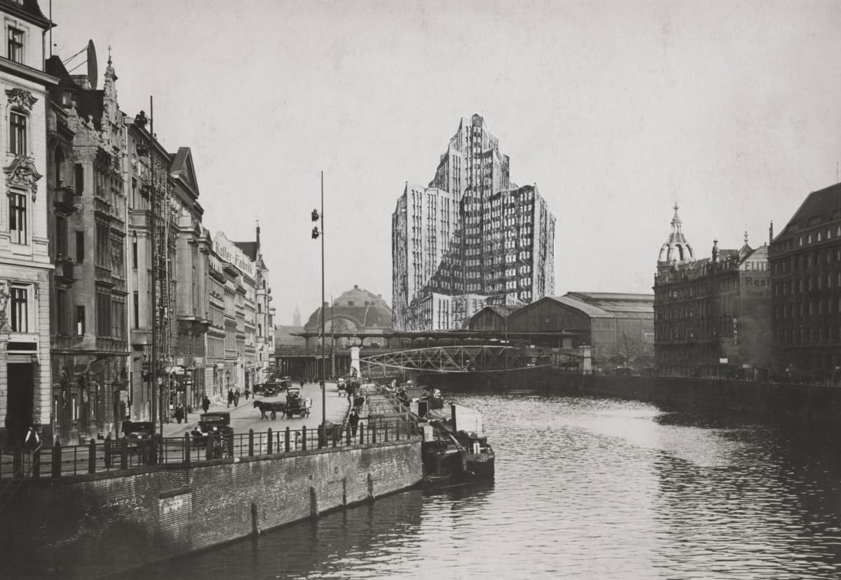 Expressionistischer Hochhausbau am Bahnhof Friedrichsstraße vom Wettbewerb 1921.