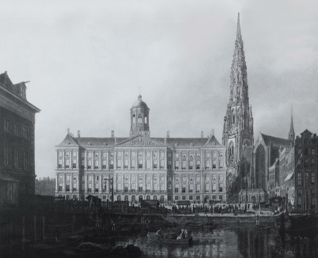 Perspektivische Ansicht zum geplanten Turm in gotischen Formen am Rathausplatz. Es überwiegen sehr vertikale Linien, wodurch ein spannender Kontrast zum klassischen Rathaus entsteht.