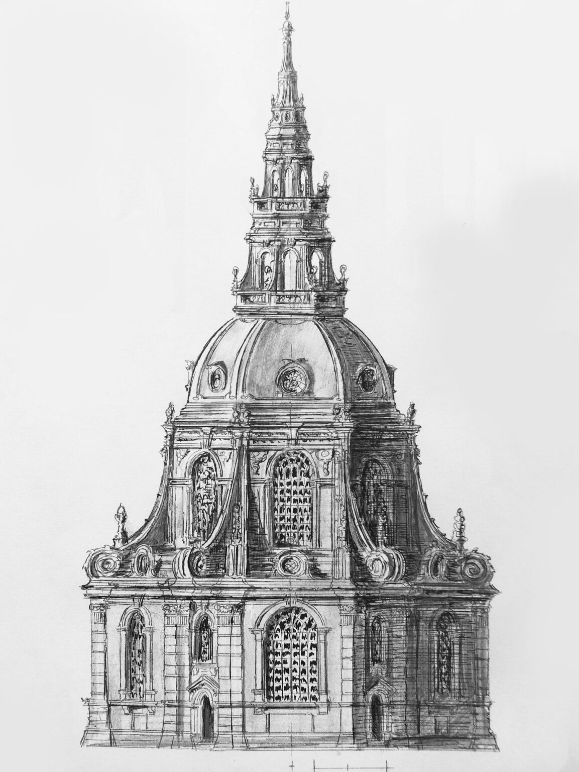Ansicht der Fassade des Zentralbaus zur calvinistischen Postkerk nach der überarbeiteten Idee des von Nicolas Listingh.