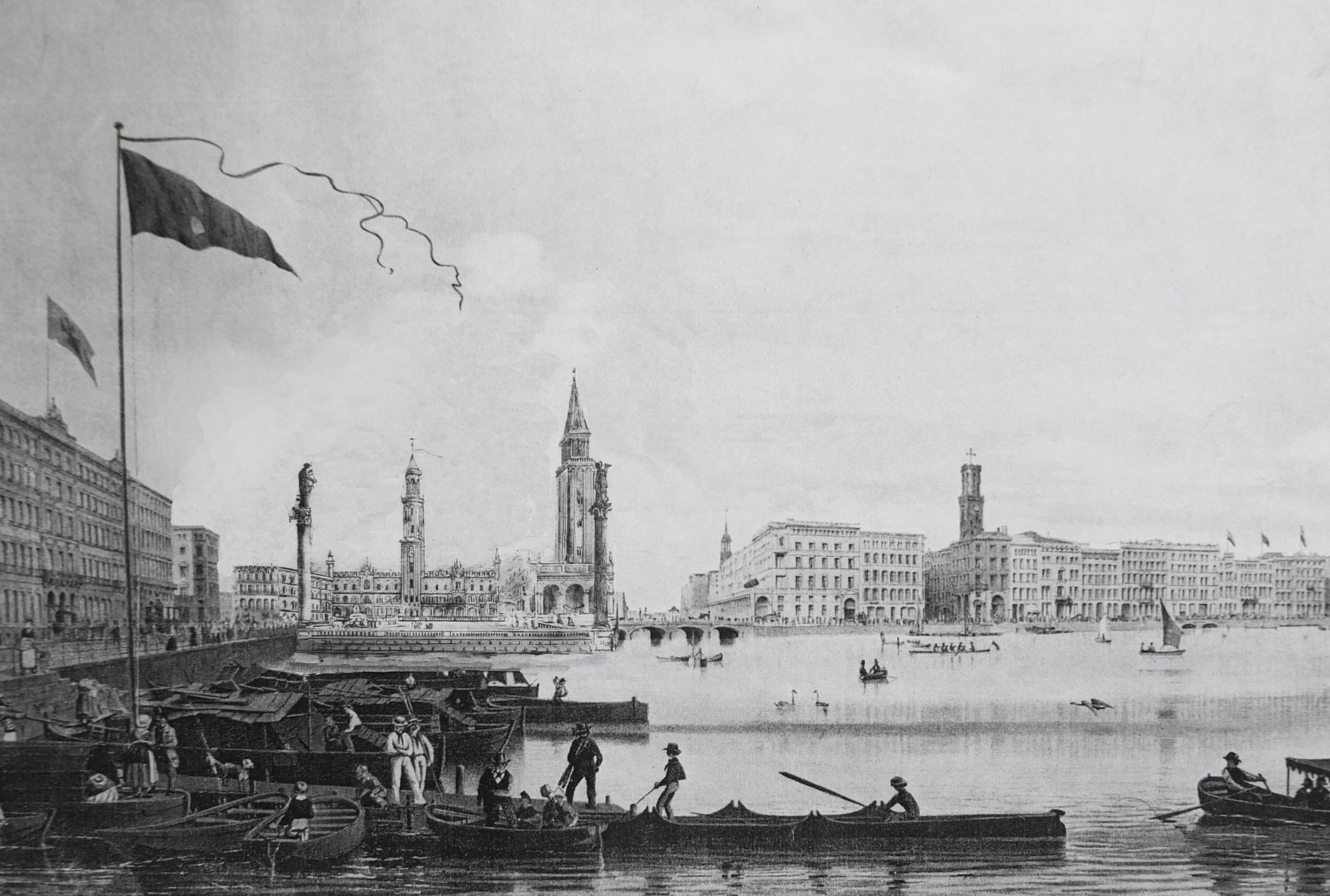 Wiederaufbauvorschlag von G. Semper für die Hamburger Binnenalster. Nach dem Vorbild Venedigs, 1845.