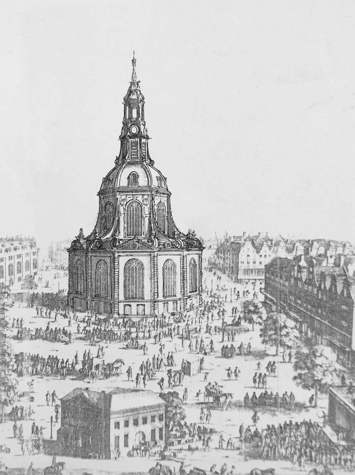 Perspektivische Ansicht der Postkerk nach den endgültigen überarbeiteten Plänen. Deutlich ist die Monumentalität des Baus am erweiterten Rembrandtplein wahrzunehmen.