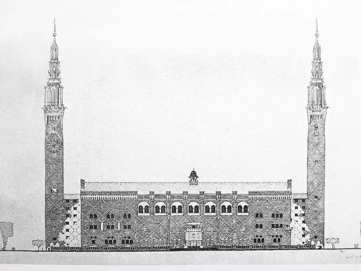 Ansicht der Fassade eines Neuen Rathauses an der Amstel am heutigen Waterlooplein.