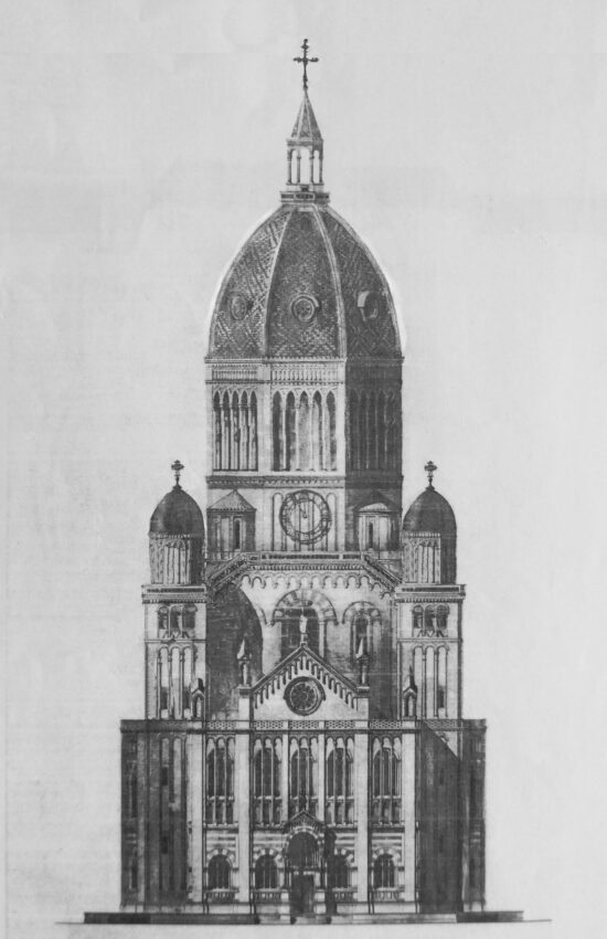 Entwurf St. Nicolai von Gottfried Semper. Aufriss mit erhöhter Kuppel und erhöhten Seitentürmen.