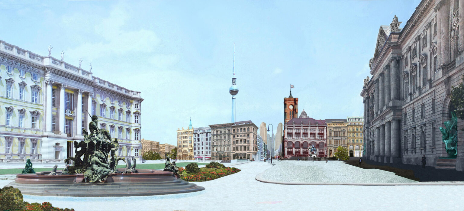 Blick vom Schlossplatz Richtung Rathausstraße. Links der Platz mit den Kolonnaden