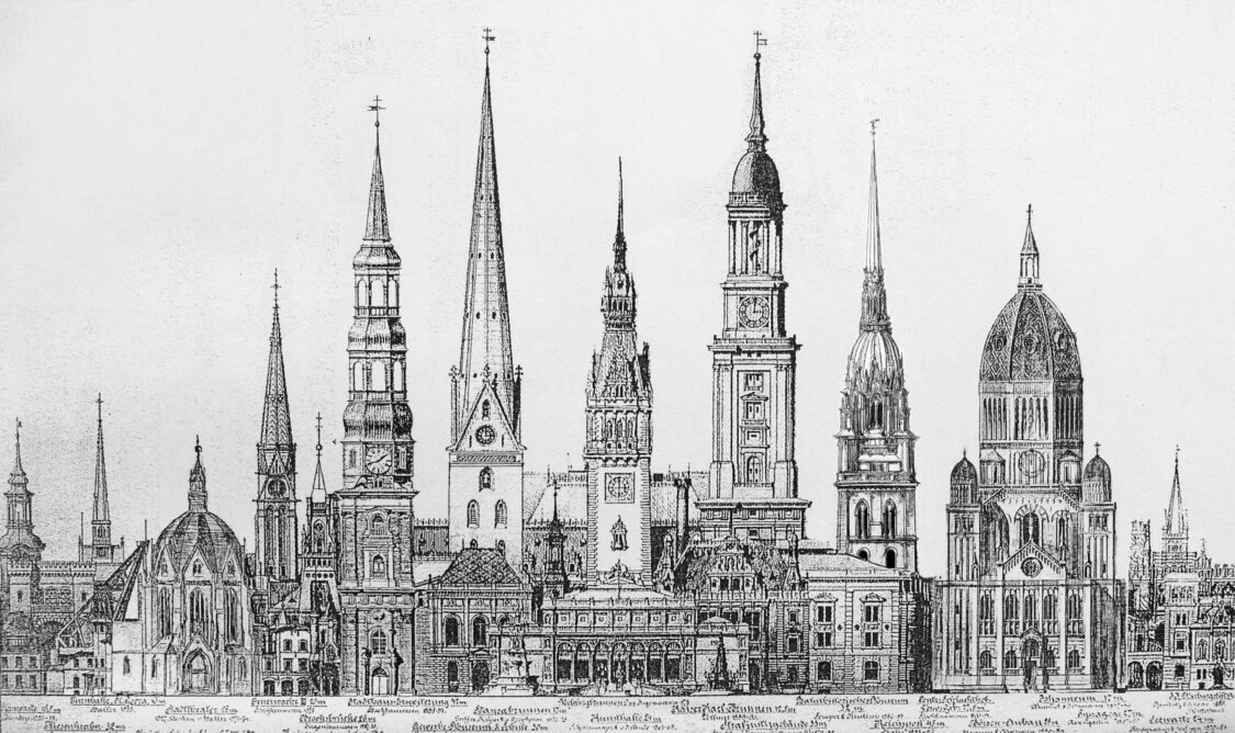 Hamburgs historische Türme im Vergleich mit Sempers Nicolaikirche und dem neuen Turm der Jacobikirche.