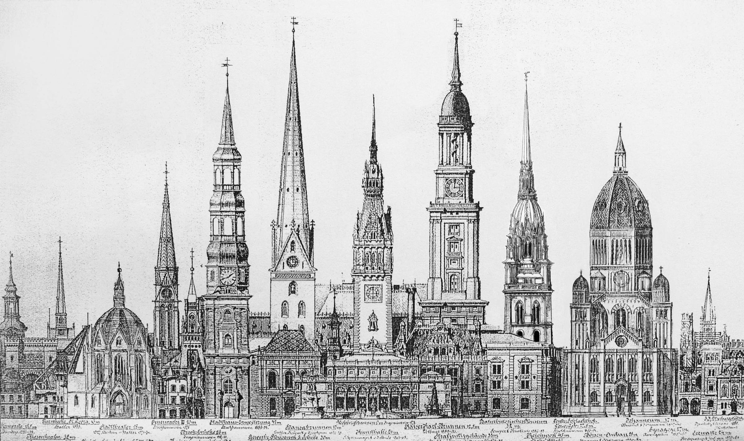 Hamburgs historische Türme im Vergleich mit Sempers Nicolaikirche und dem neuen Turm der Jacobikirche.