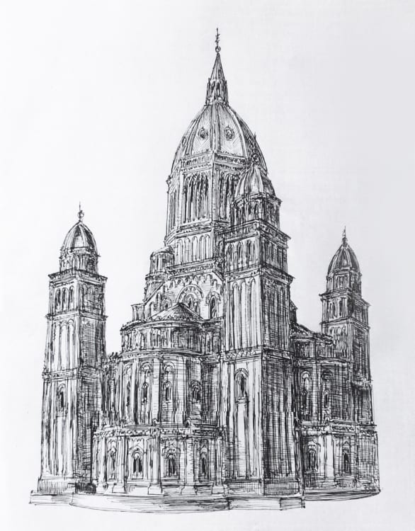 Skizze der Kirche in naher Ansicht.