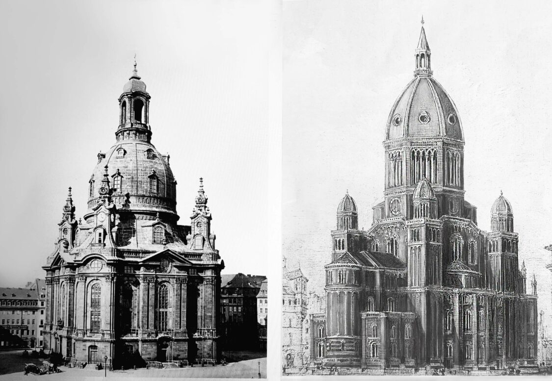 Abschließender Vergleich von Sempers Nicolaikirche mit der Dresdener Frauenkirche.