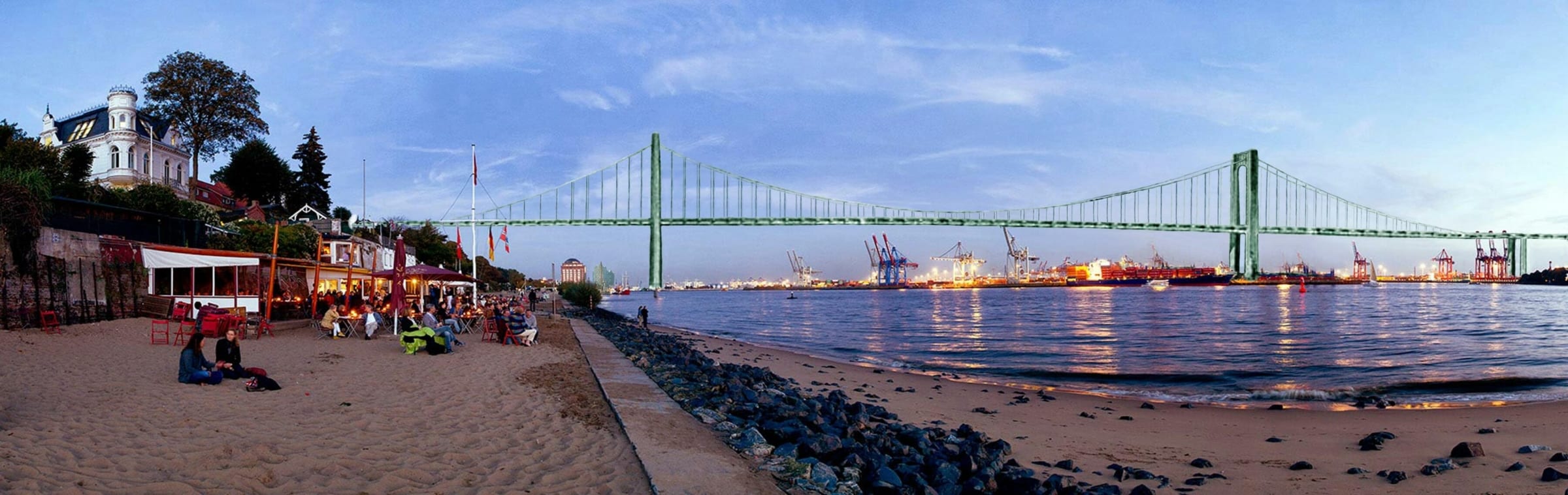 Die Neue Hängebrücke bei Altona über die Elbe.