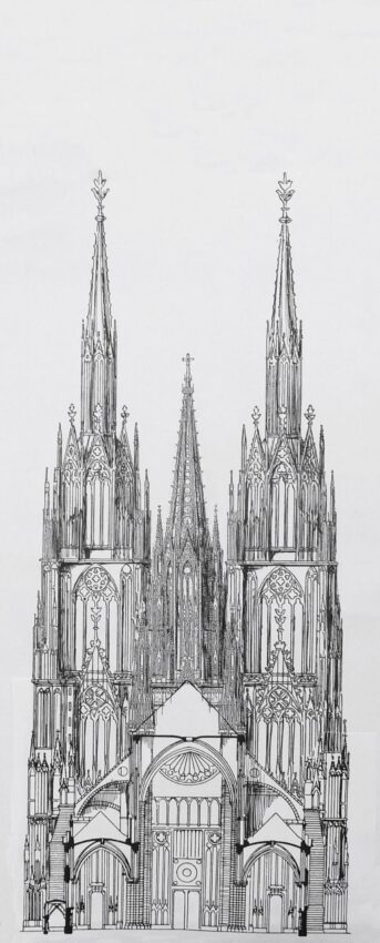 Straßburger Münster. Ansicht und Teilaufriss des Projektes nach dem Plan Erwin von Steinbachs zur Westfassade und mit steinernem durchbrochenem Turmhelms sowie erweitertem Choranbau.