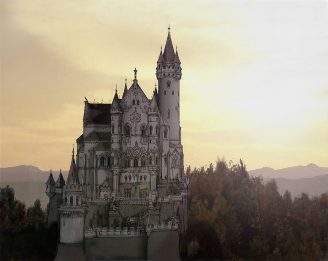 Das farbige Schloss Falkenstein in der Abenddämmerung