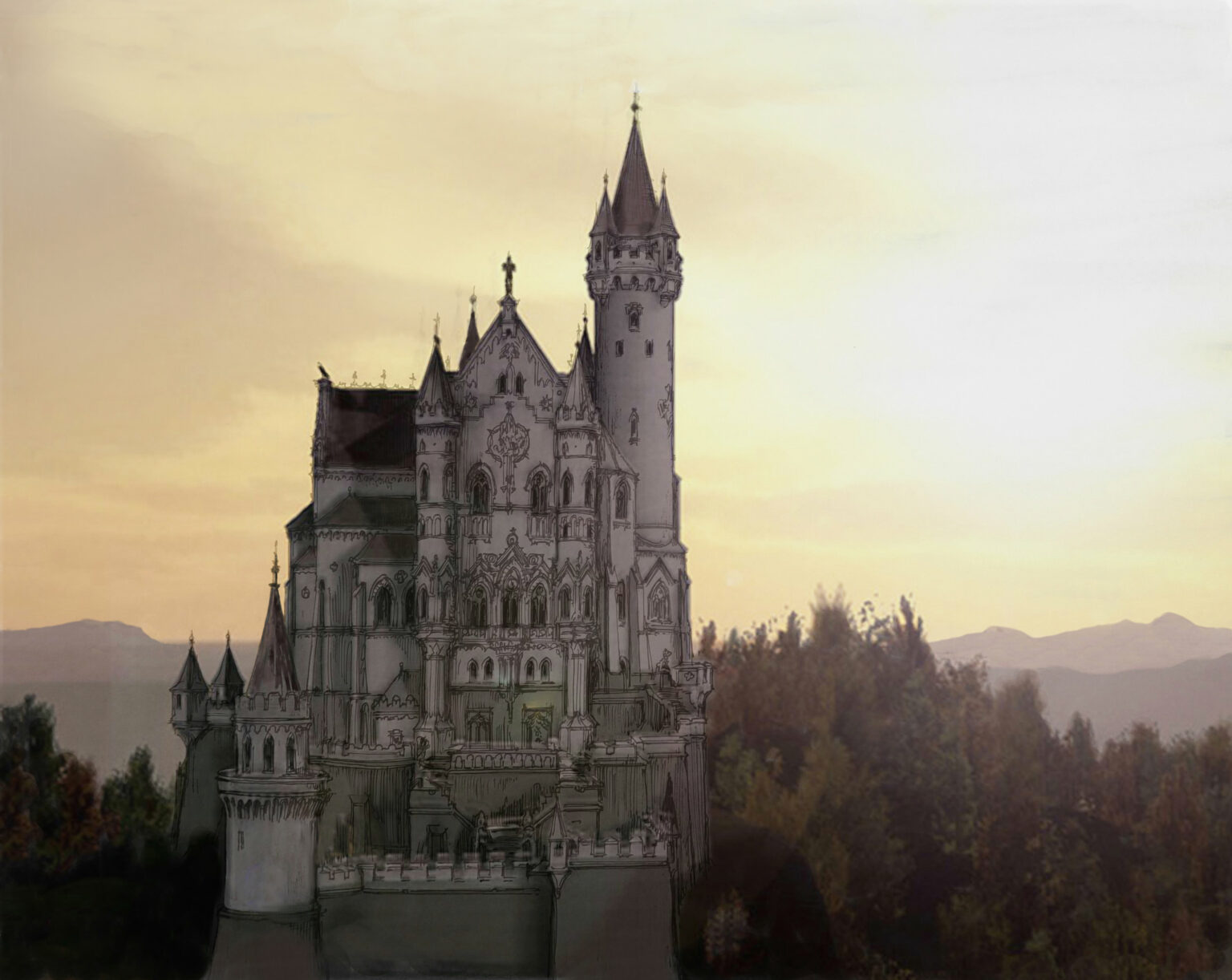 Das farbige Schloss Falkenstein in der Abenddämmerung