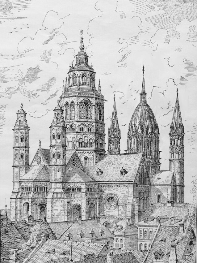 Mainz. Dom. Ansicht des Domes von Westen mit den beiden Türmen.