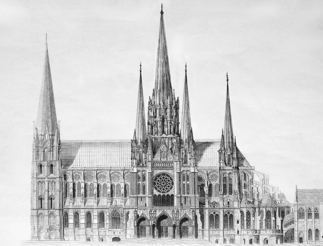 Kathedrale von Chartres mit neun ausgebauten Türmen in hochgotischen Formen