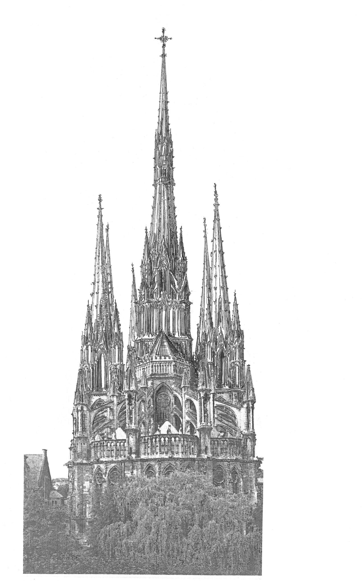 Kathedrale von Reims mit vollständig ausgeführten Türmen, wie sie noch im 16. Jahrhundert geplant waren. Ansicht von Osten.