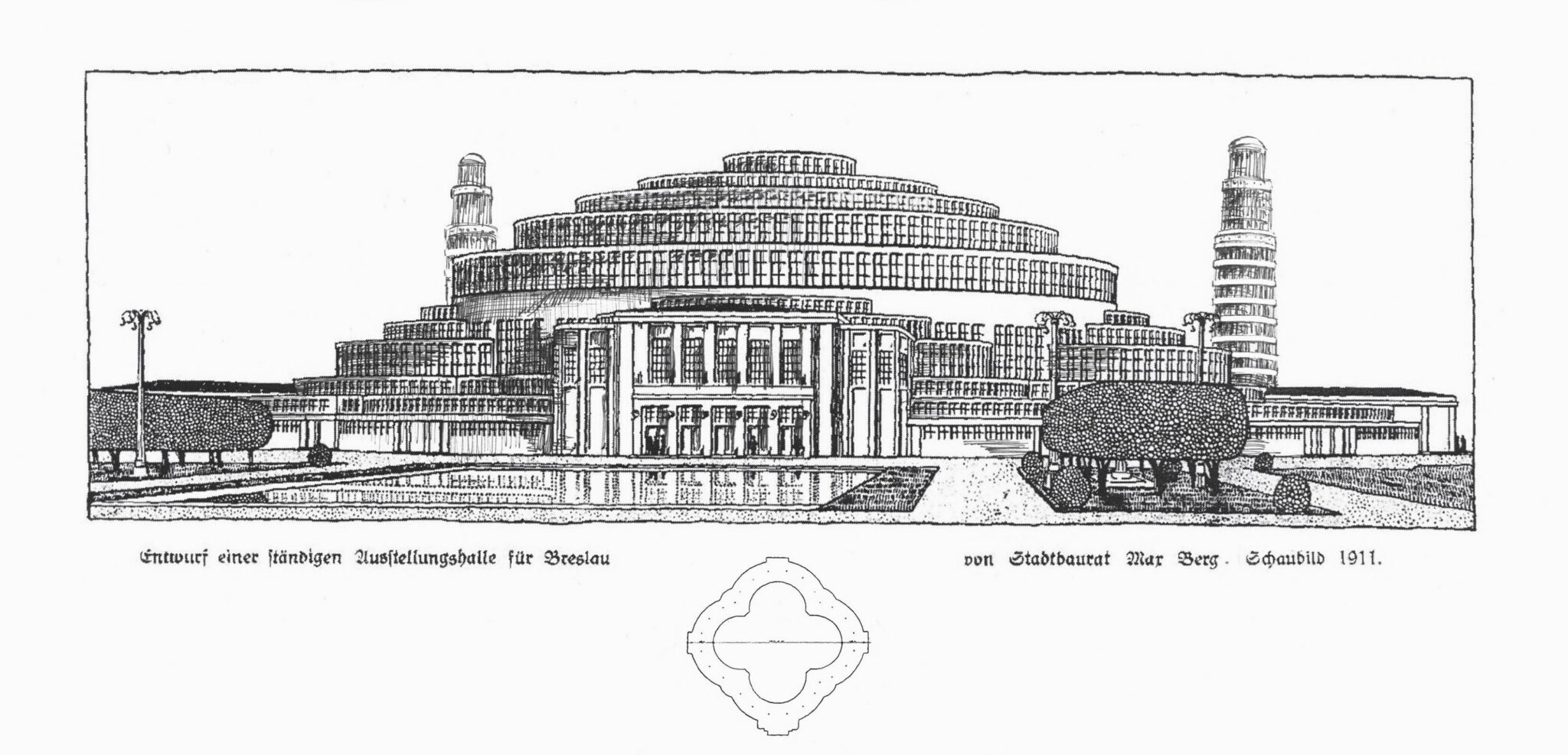 Breslau. Jahrhunderthalle von Max Berg von 1913 mit schlanken Rundtürmen im Park.