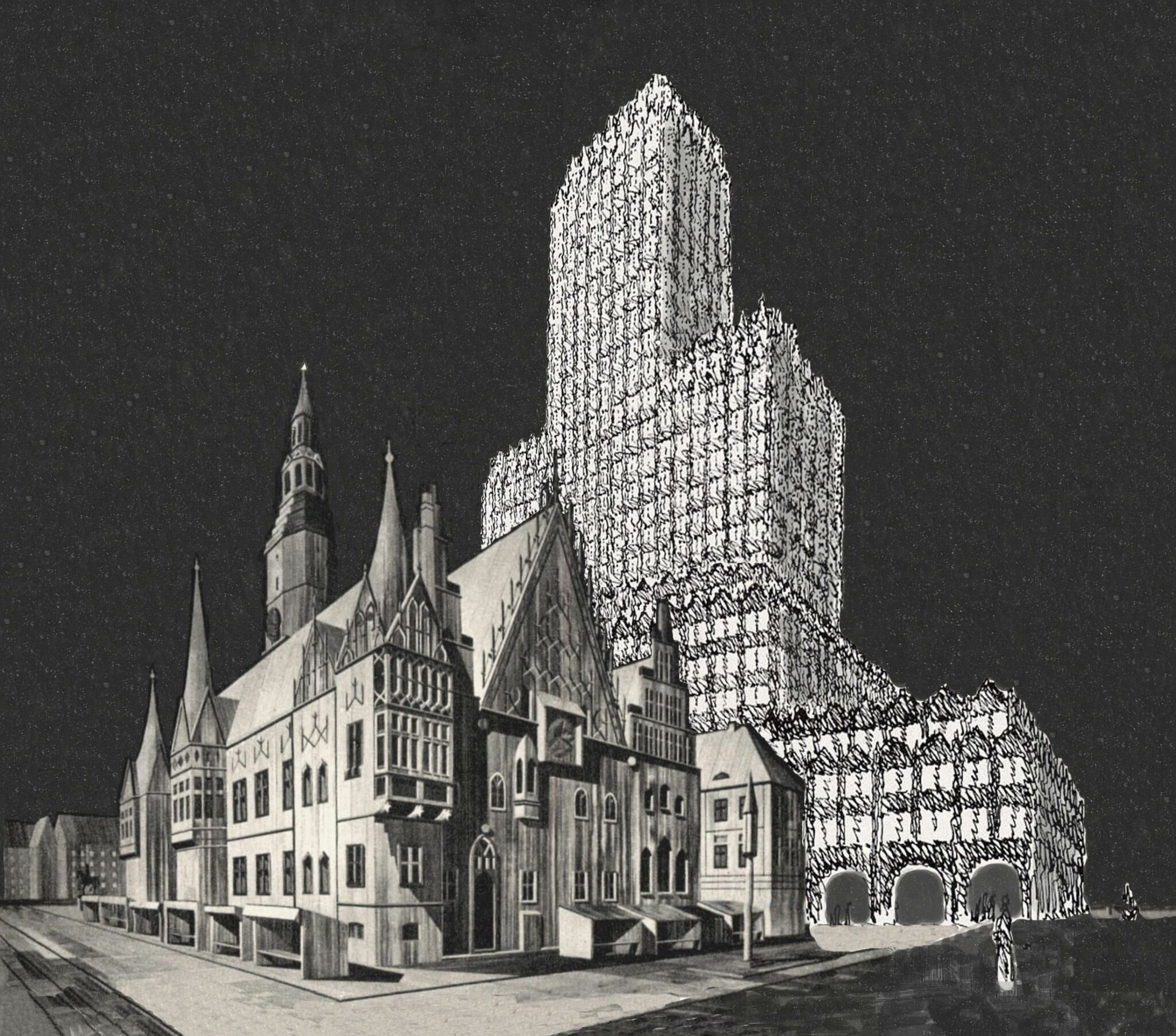 Breslau. Vision eines Rathausneubaus am Ring direkt neben dem Alten Rathaus. Max Berg 1920.