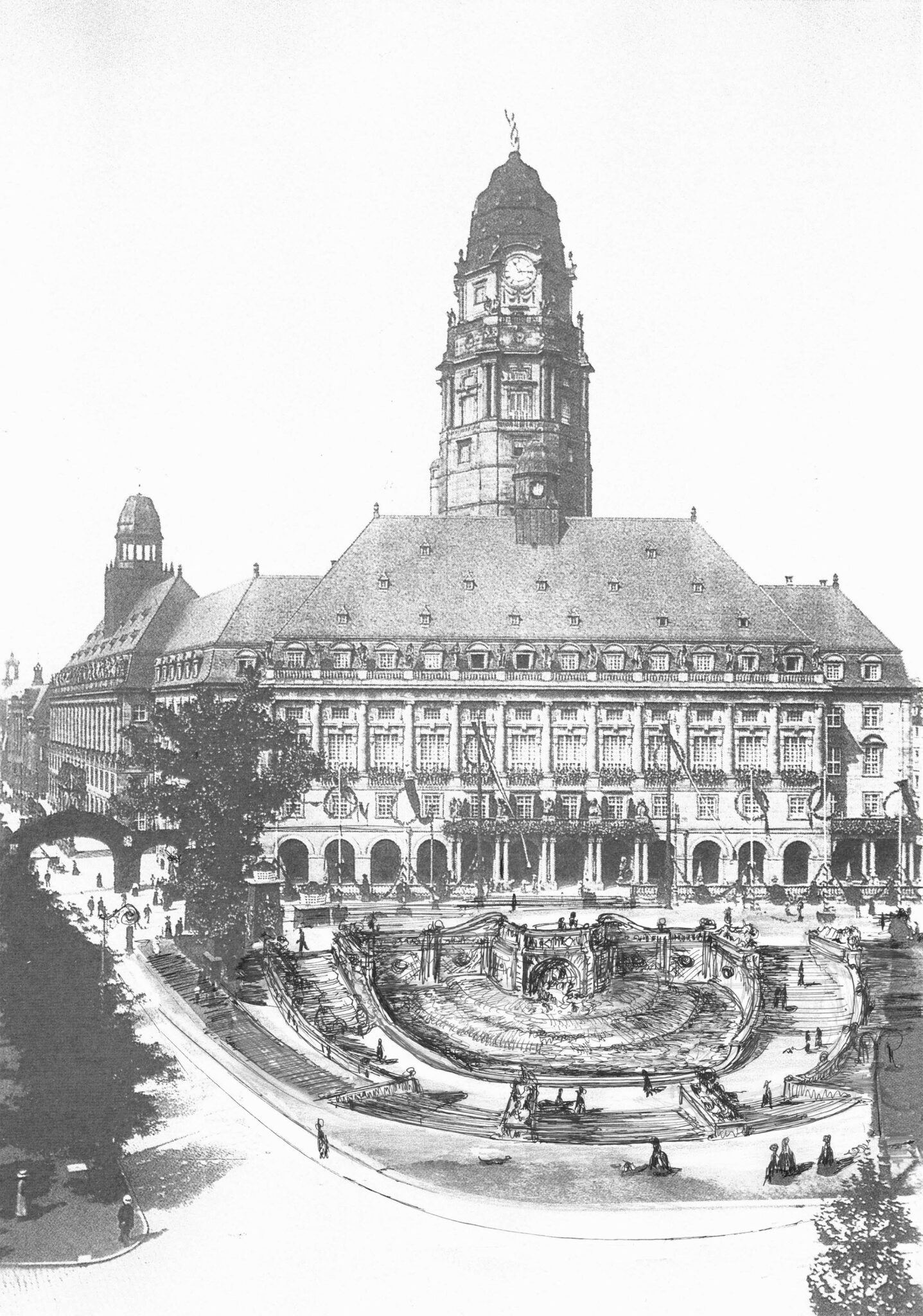 Dresden. Große Brunnenanlage vor dem Neuen Rathaus.