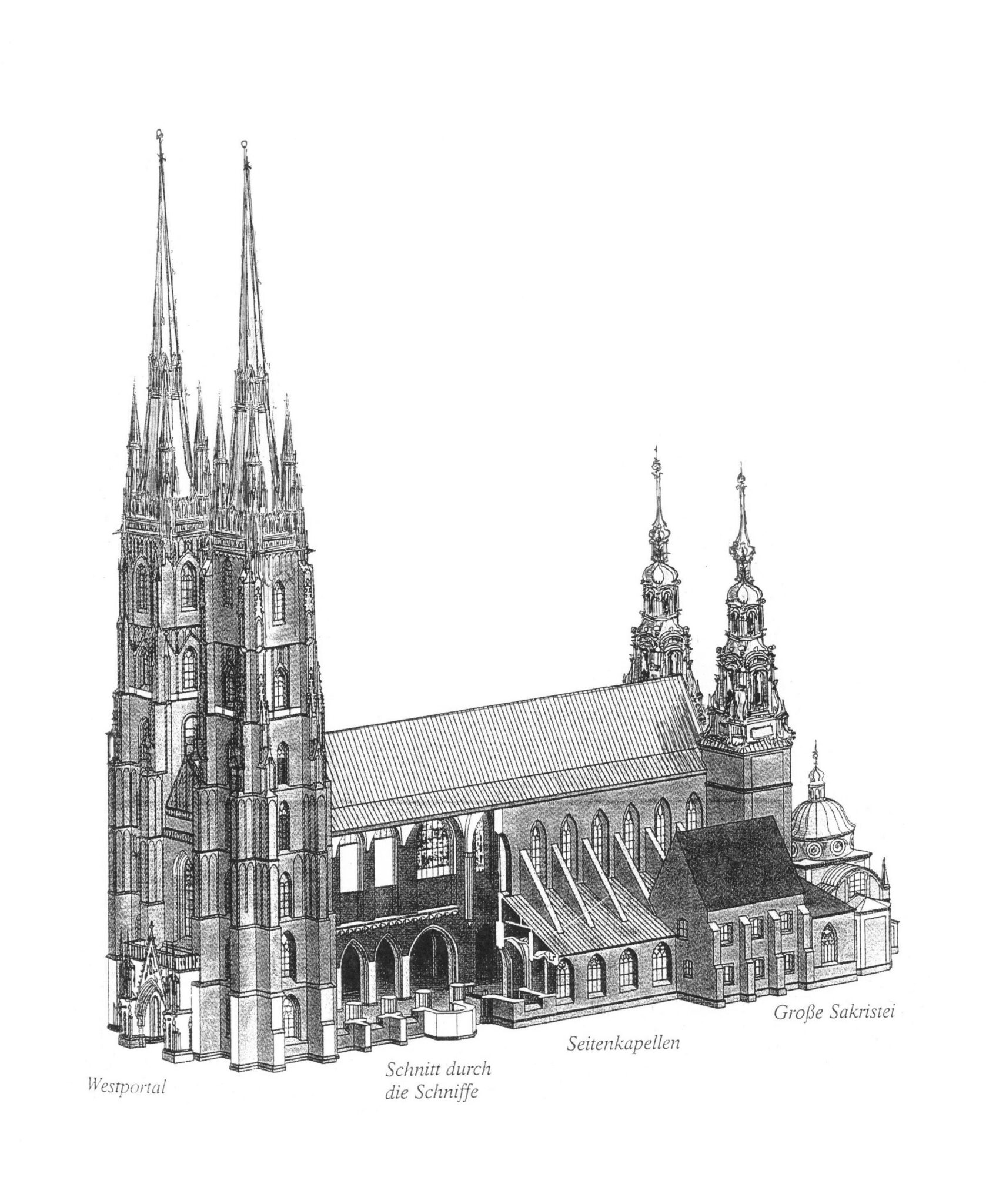 Breslau, Dom. Der mit vier Türmen angelegte Dom erhält je zwei hohe gotische Spitzen an der Westfassade, sowie zwei barocke Chortürme.