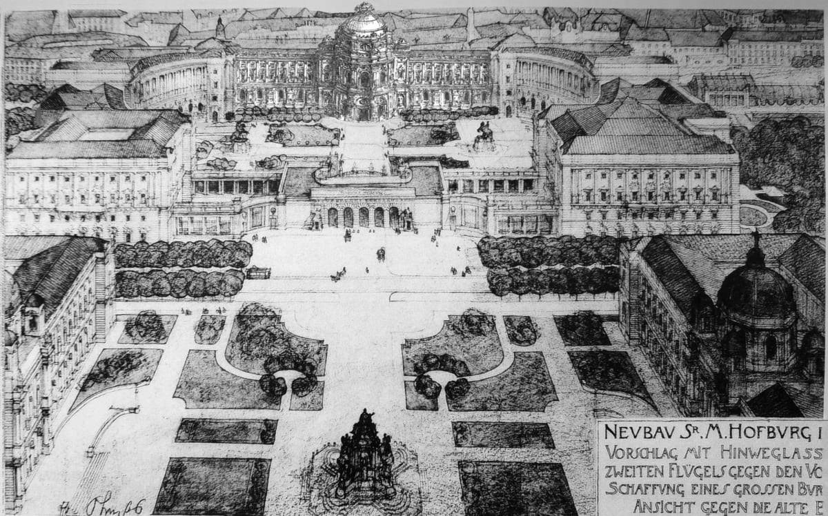 Wien. Hofburg Forum Sempers mit Kuppeltrakt Ohmanns in der Mitte.