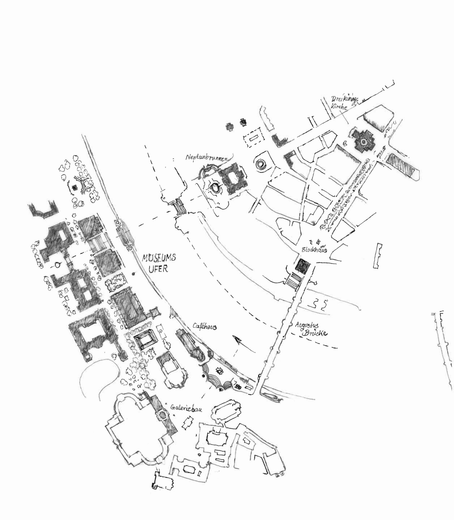 Dresden. Planskizze der Innenstadt mit geschwärzten Veränderungen.