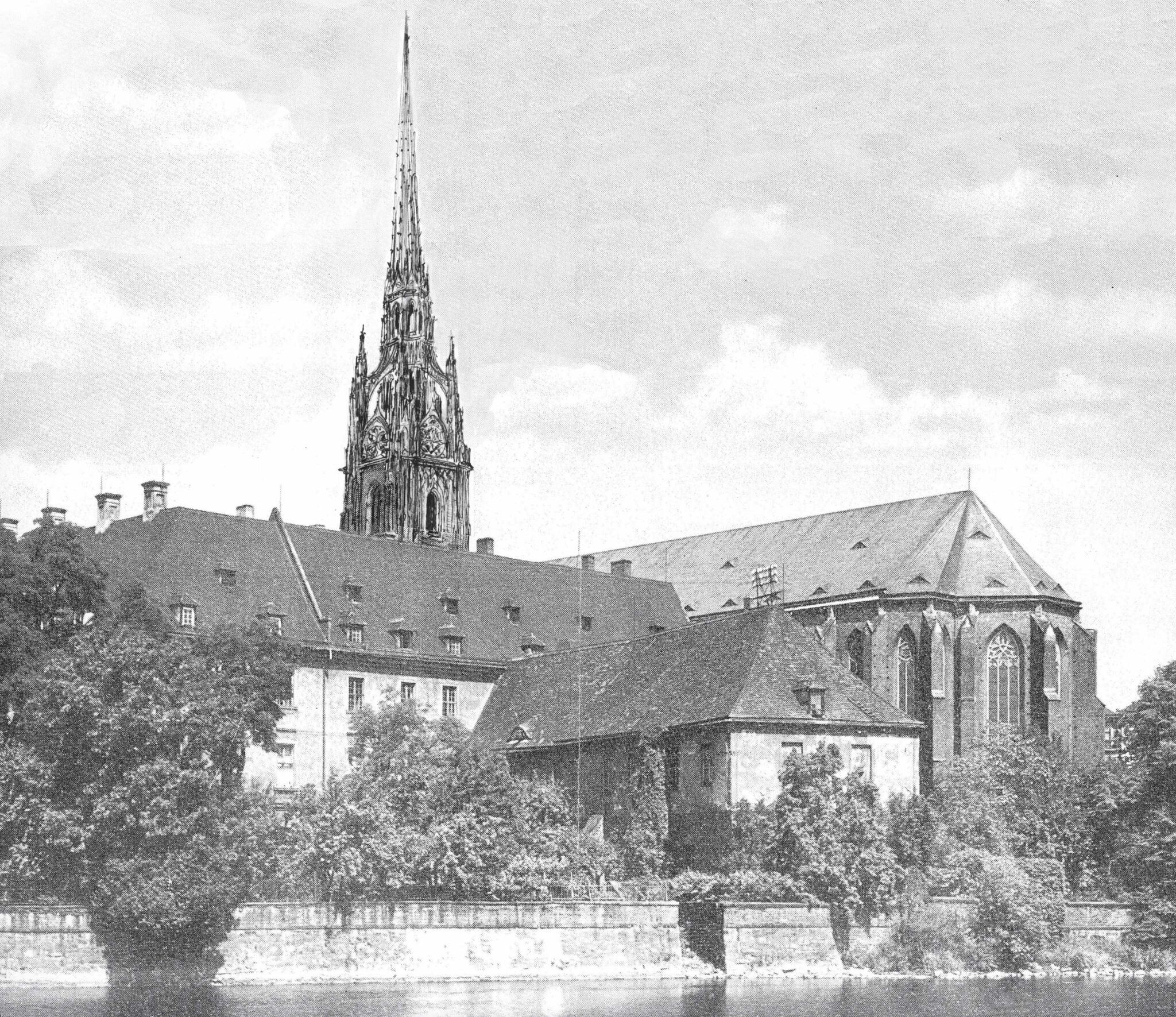 Breslau, Sandkirche. Ausbau des Turms als neugotischer Massivbau mit steinernem Helm.