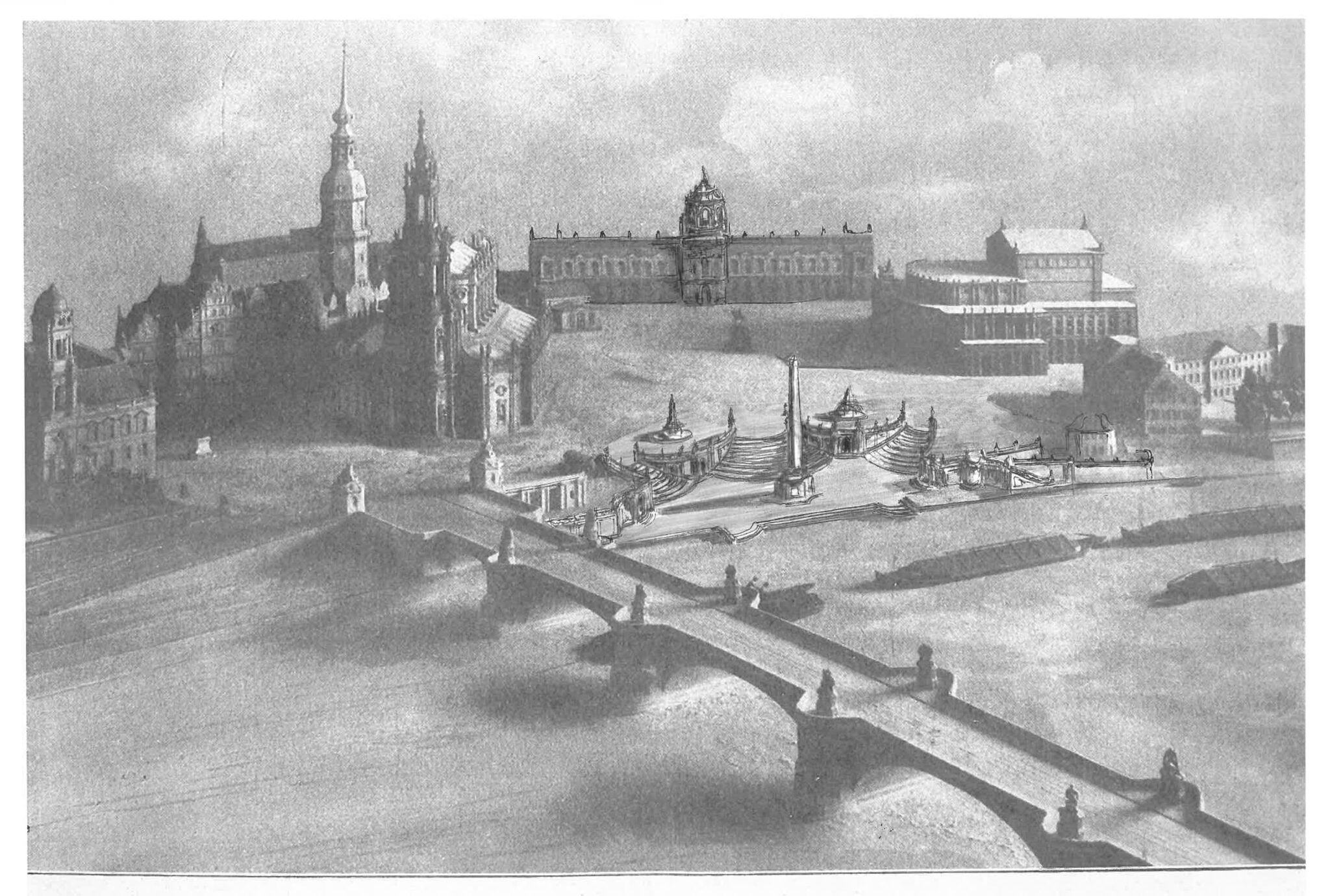 Dresden. Theaterplatz Modell mit eingezeichneter Treppe und Kuppel.