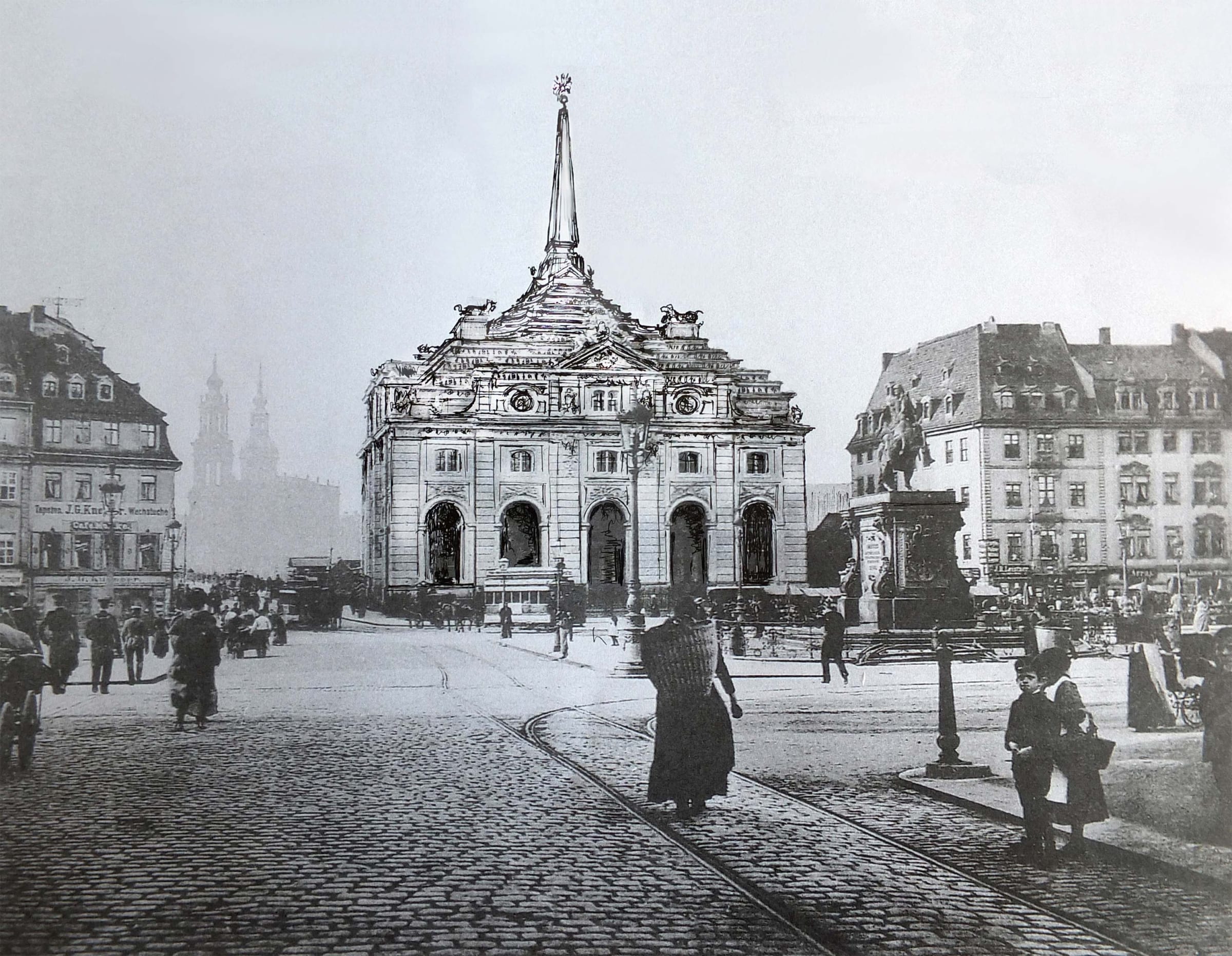Dresden. Neustädter Blockhaus mit Dachpyramide.