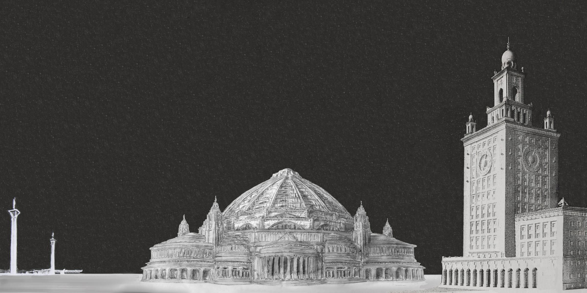 Zürich. Seepromenade mit neuem Technischem Rathaus sowie der neuen Tonhalle. Rechts befinden sich zwei Ziersäulen am Seeufer.