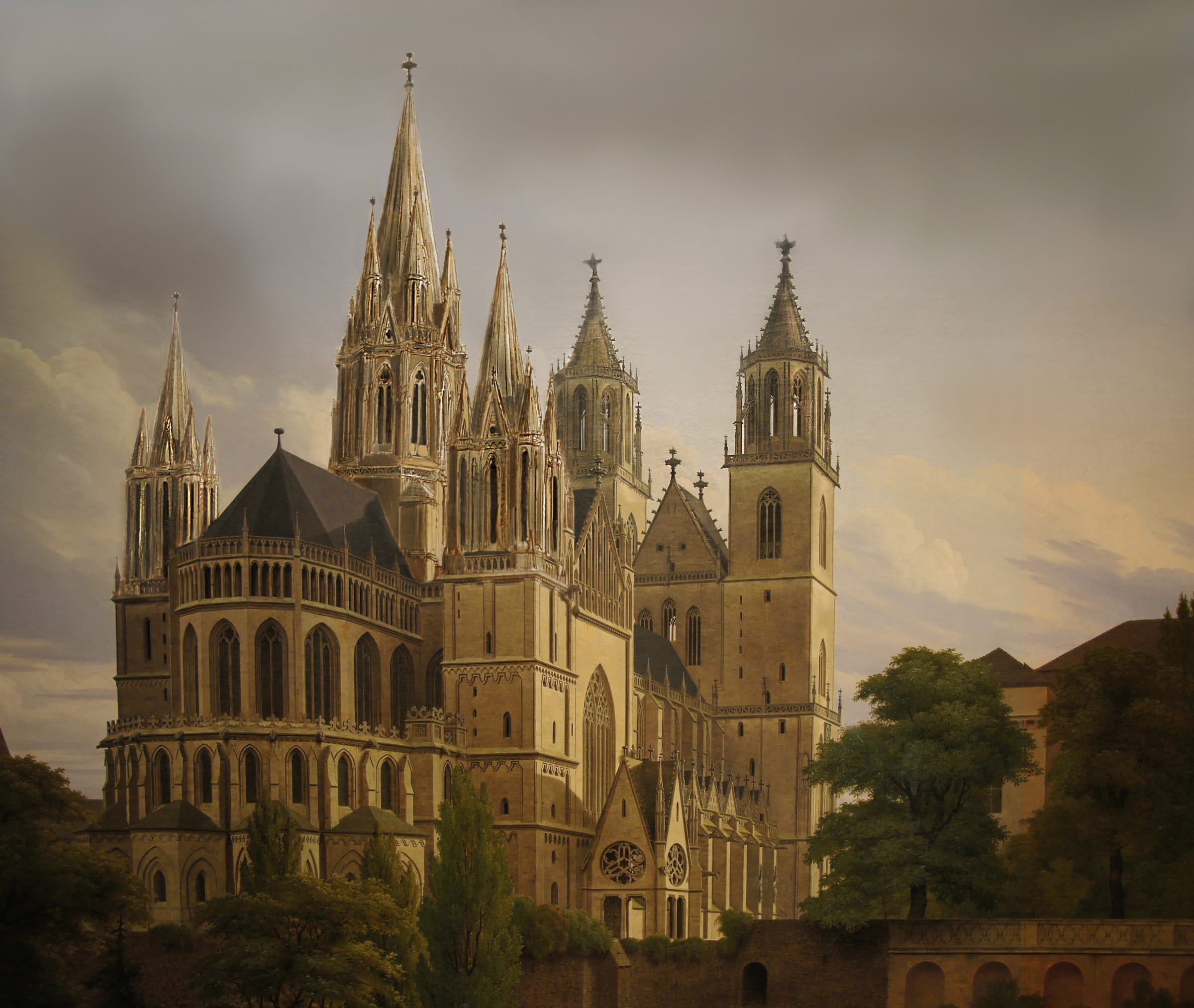 Magdeburger Dom mit ergänzten romanischen Türmen von Osten