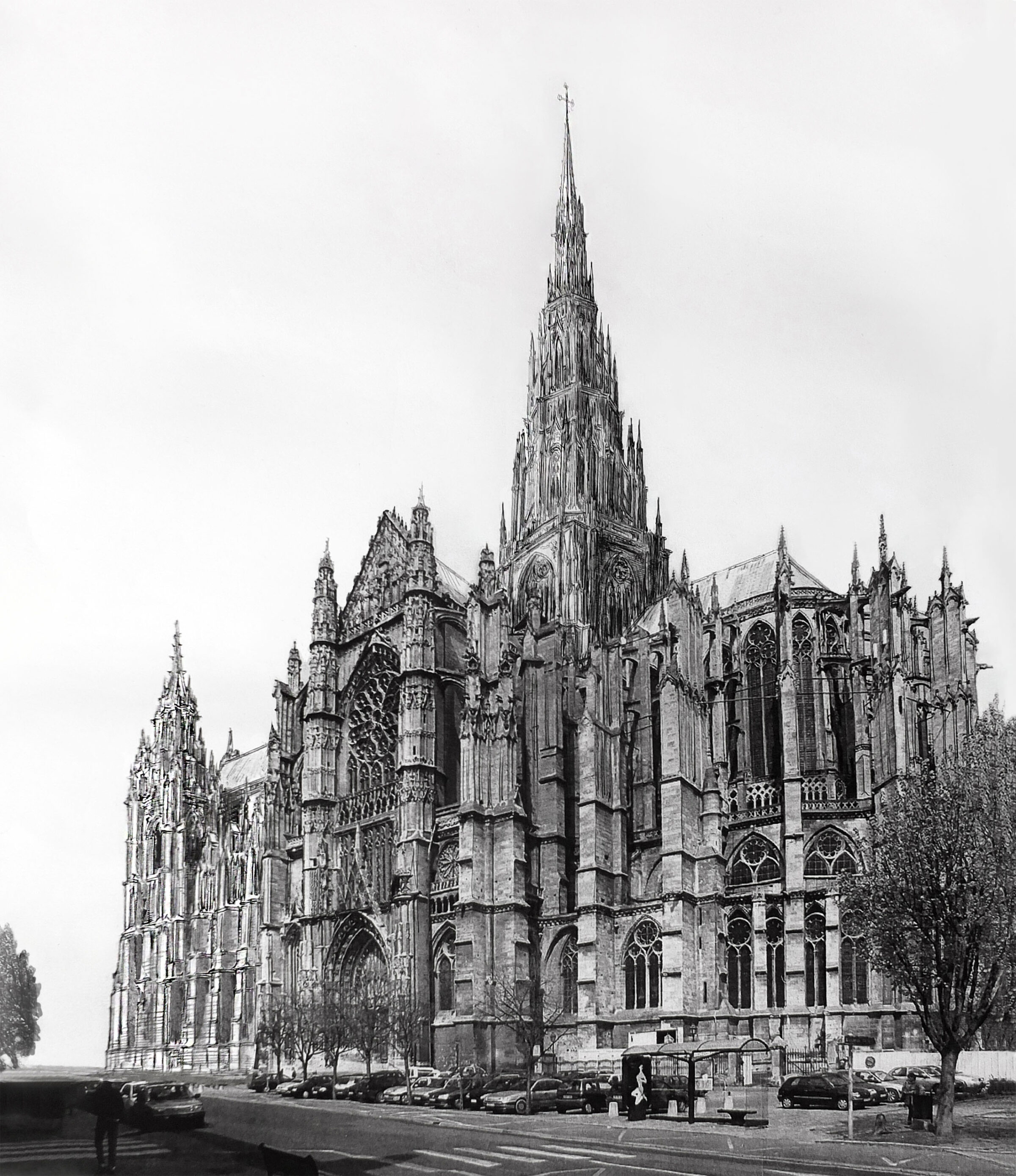 Kathedrale von Beauvais mit vollständig ausgebautem Vierungsturm und dem Langhaus mit den stumpf geplanten Westtürmen. Perpektive.