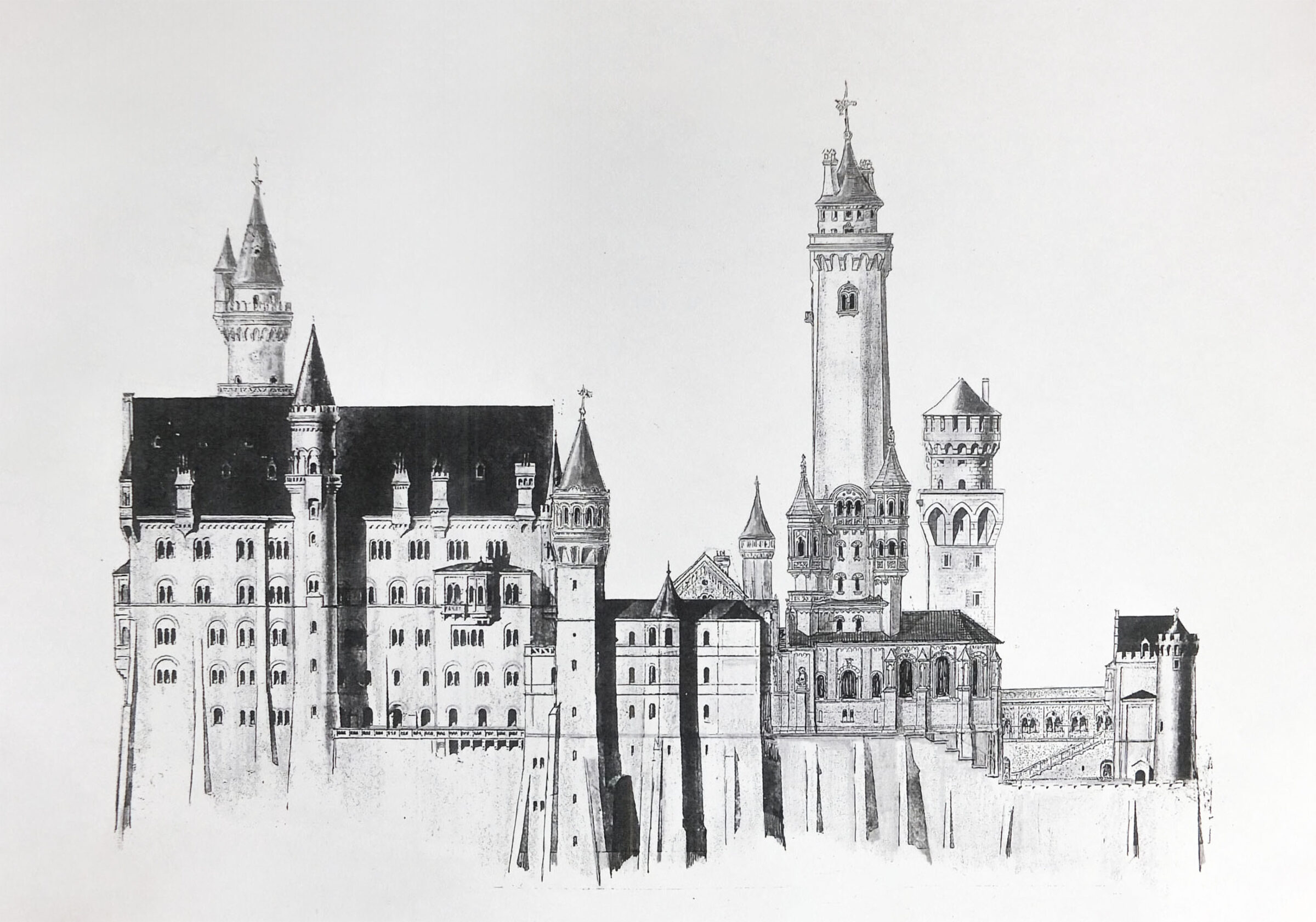 Schloss Neuschwanstein Aufriss Süd mit dem hohem Bergfried