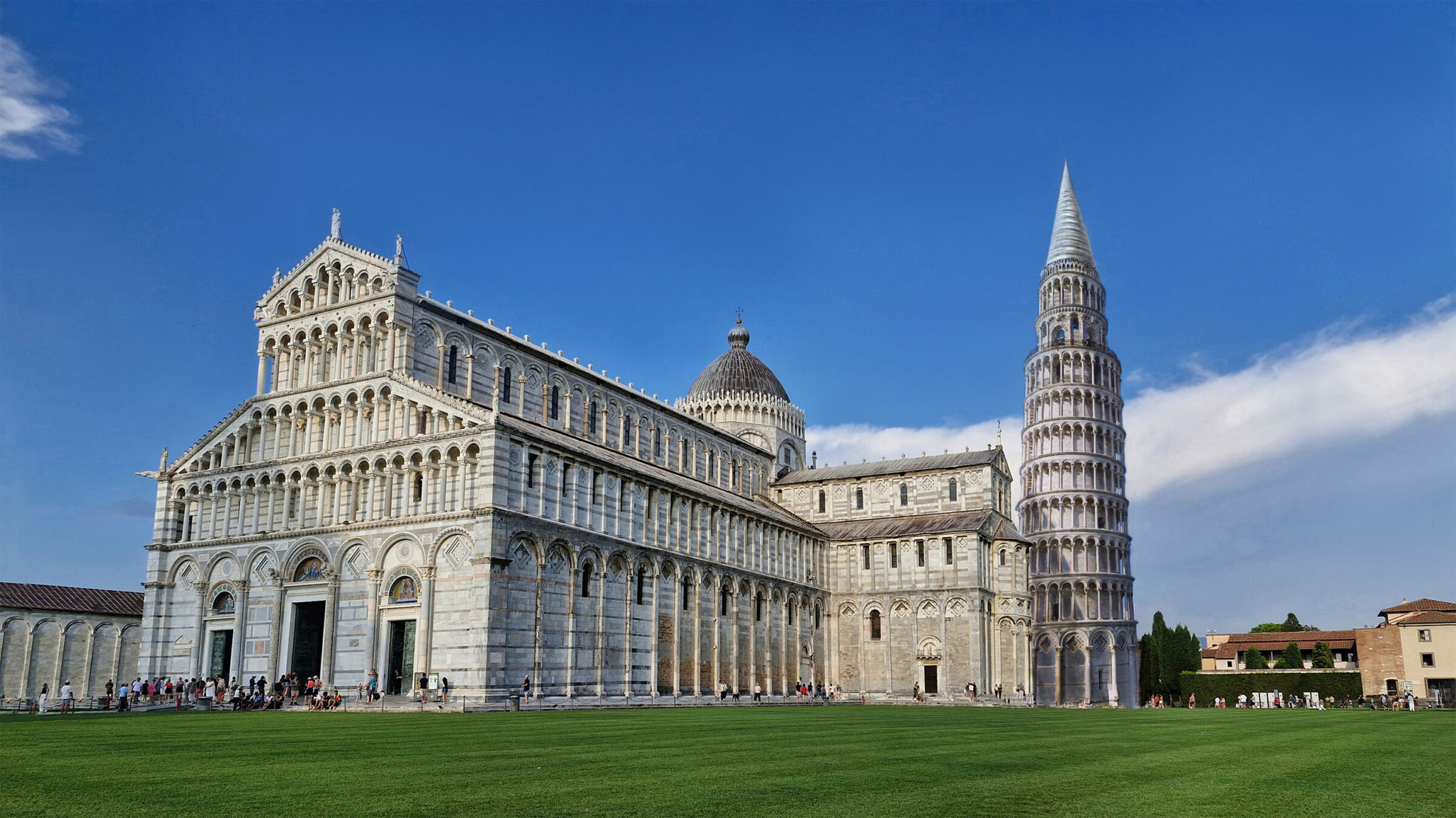 Farbige Ansicht des Campo Santo in Pisa mit dem korrigierten erhöhten Turm.