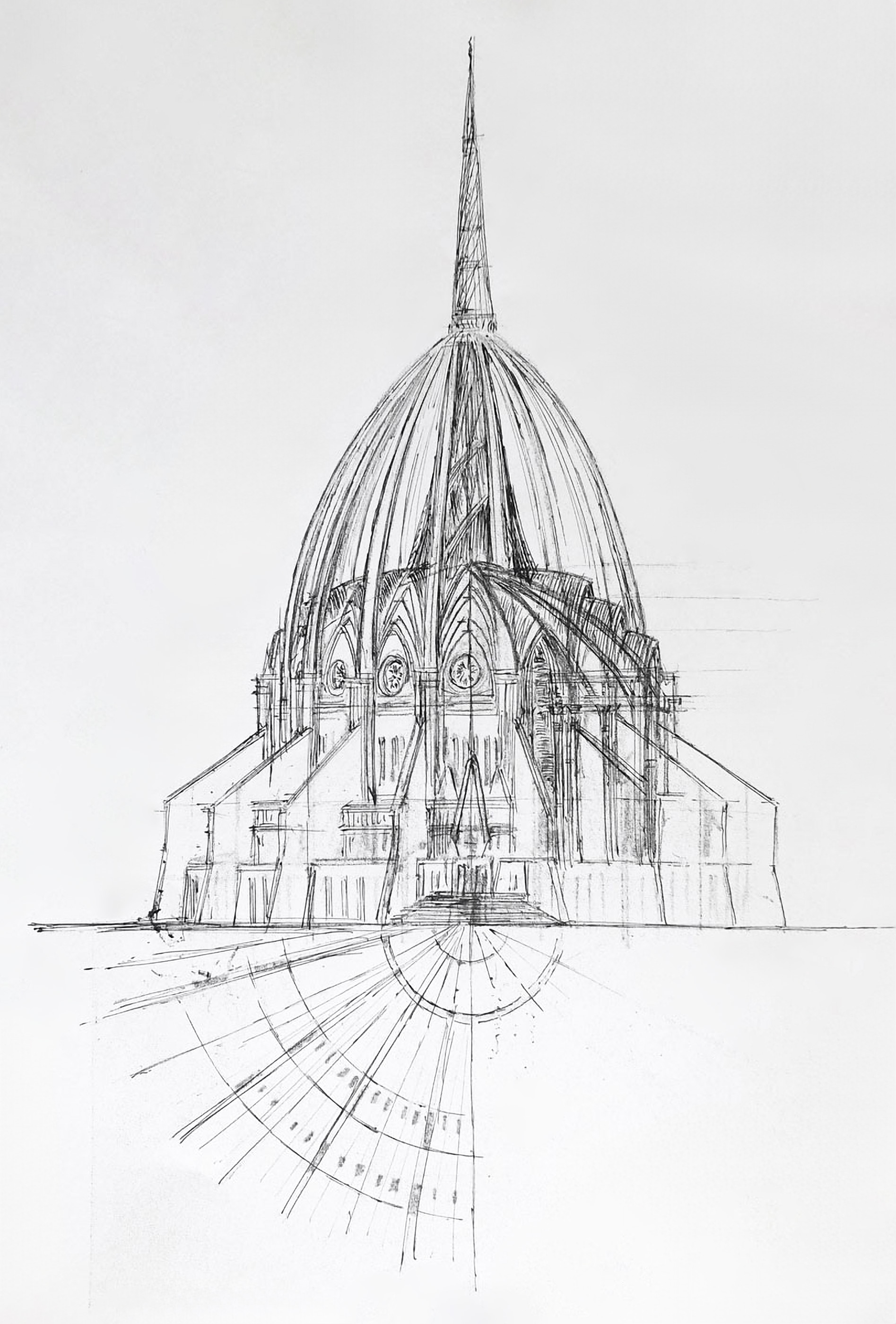 Rio de Janeiro. Kathedrale. Aufriss der Kuppel mit den Paraboldächern über dem Innenraum.