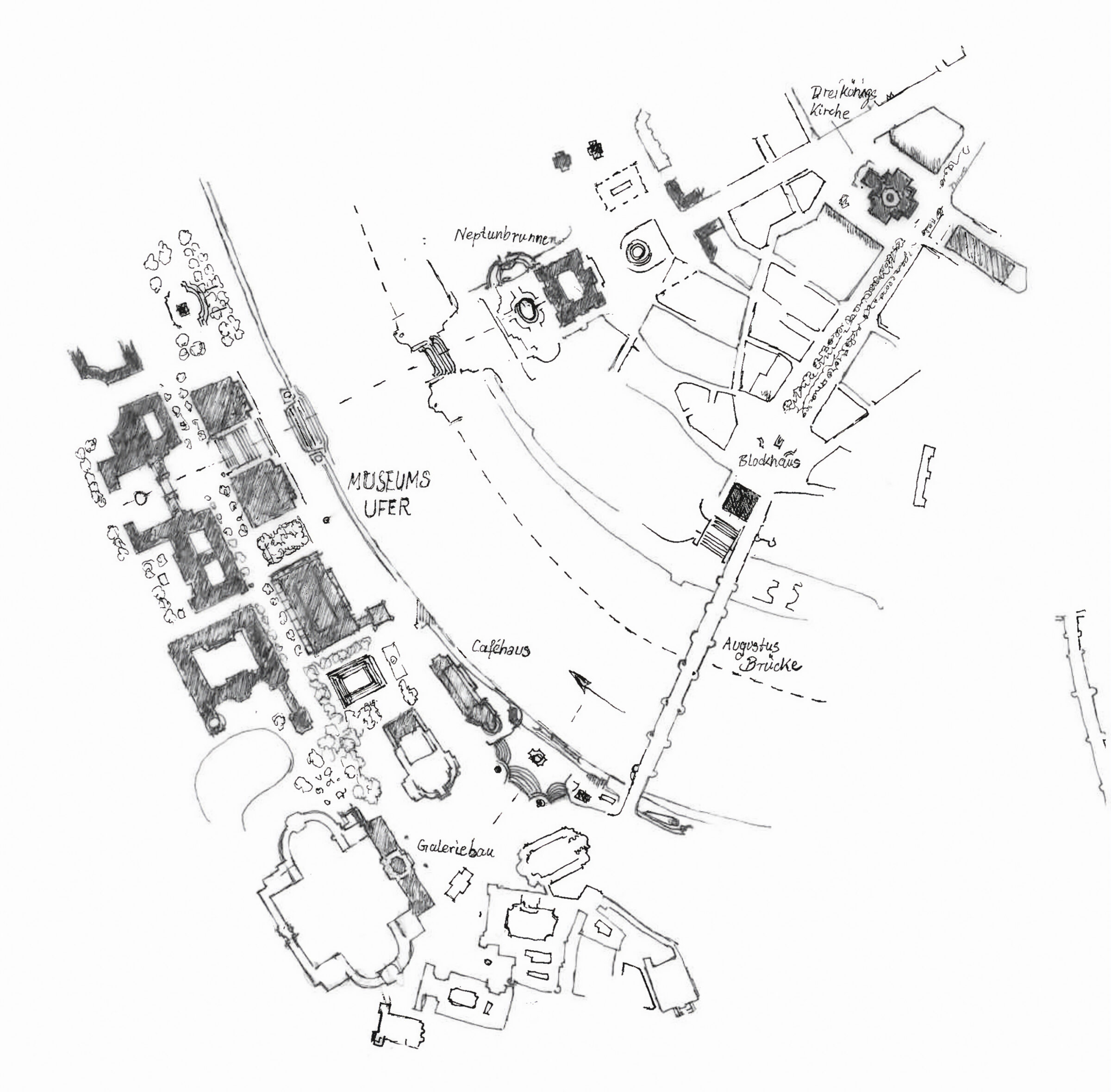 Dresden. Planskizze der Innenstadt mit geschwärzten Veränderungen.