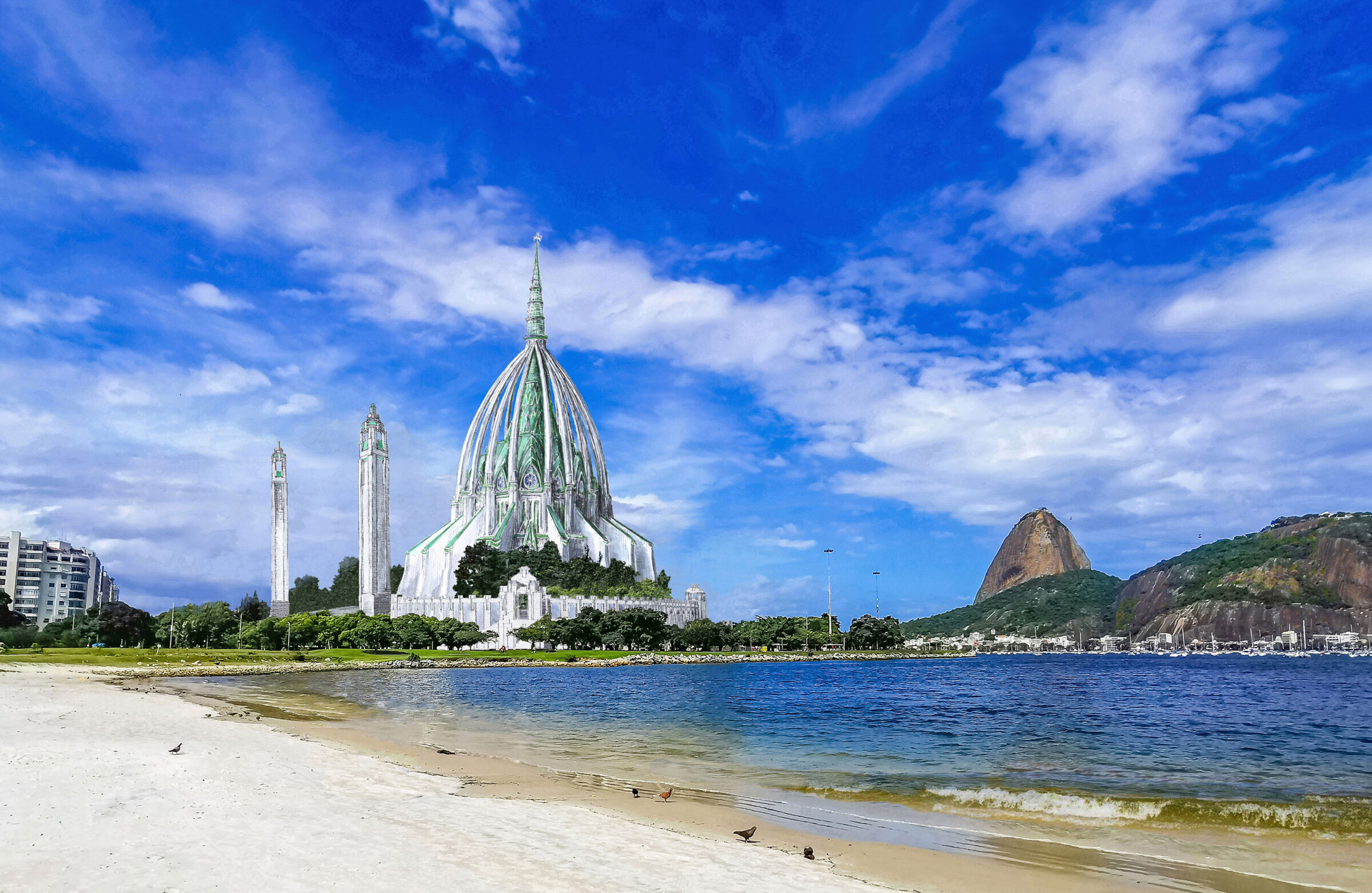 Kathedrale. Farbansicht des Neubaus in Flamengo mit veränderten Glockentürmen. Im Hintergrund der Zuckerhut.
