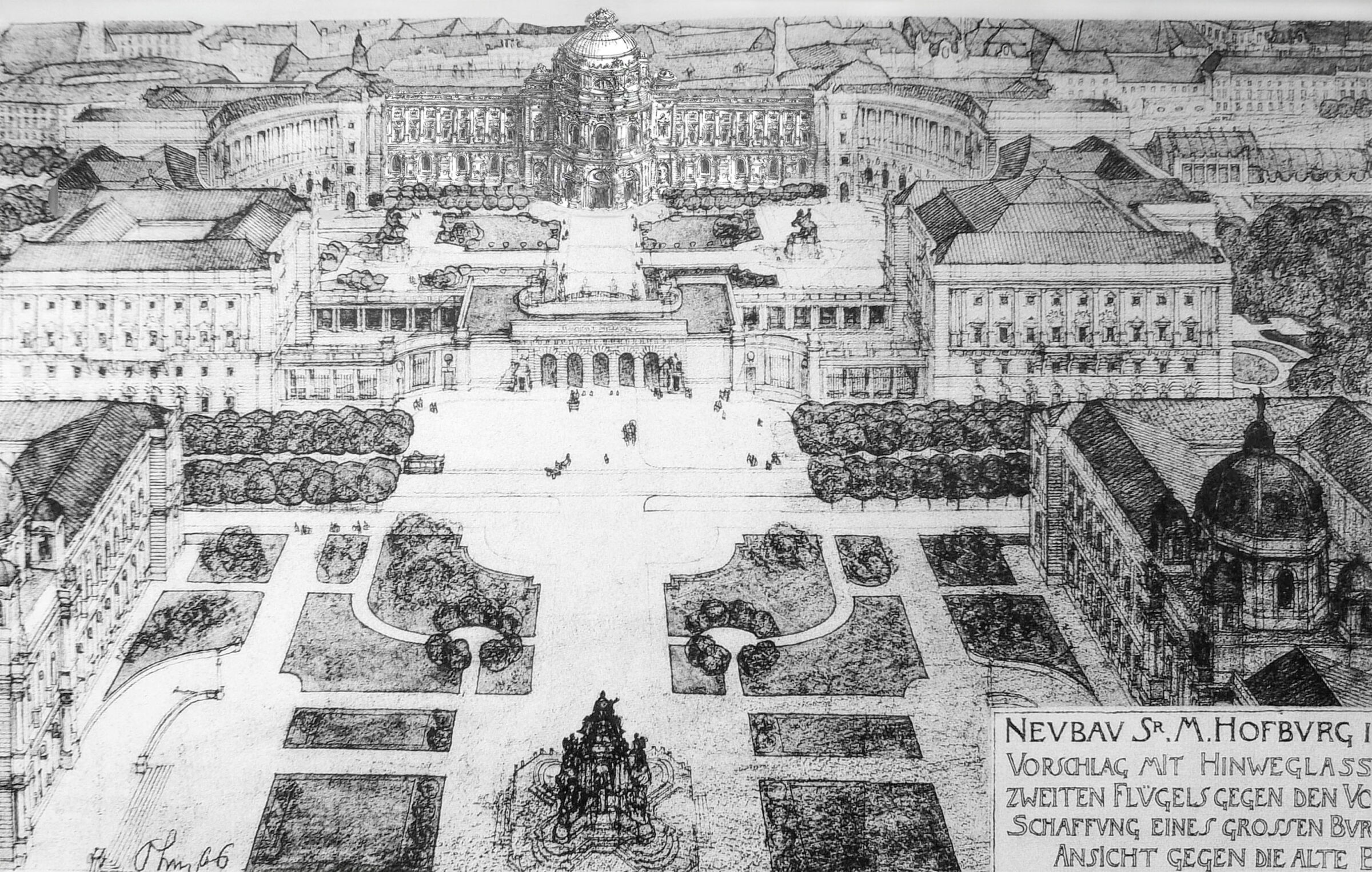 Wiener Hofburg Forum Sempers mit Kuppeltrakt Ohmanns in der Mitte