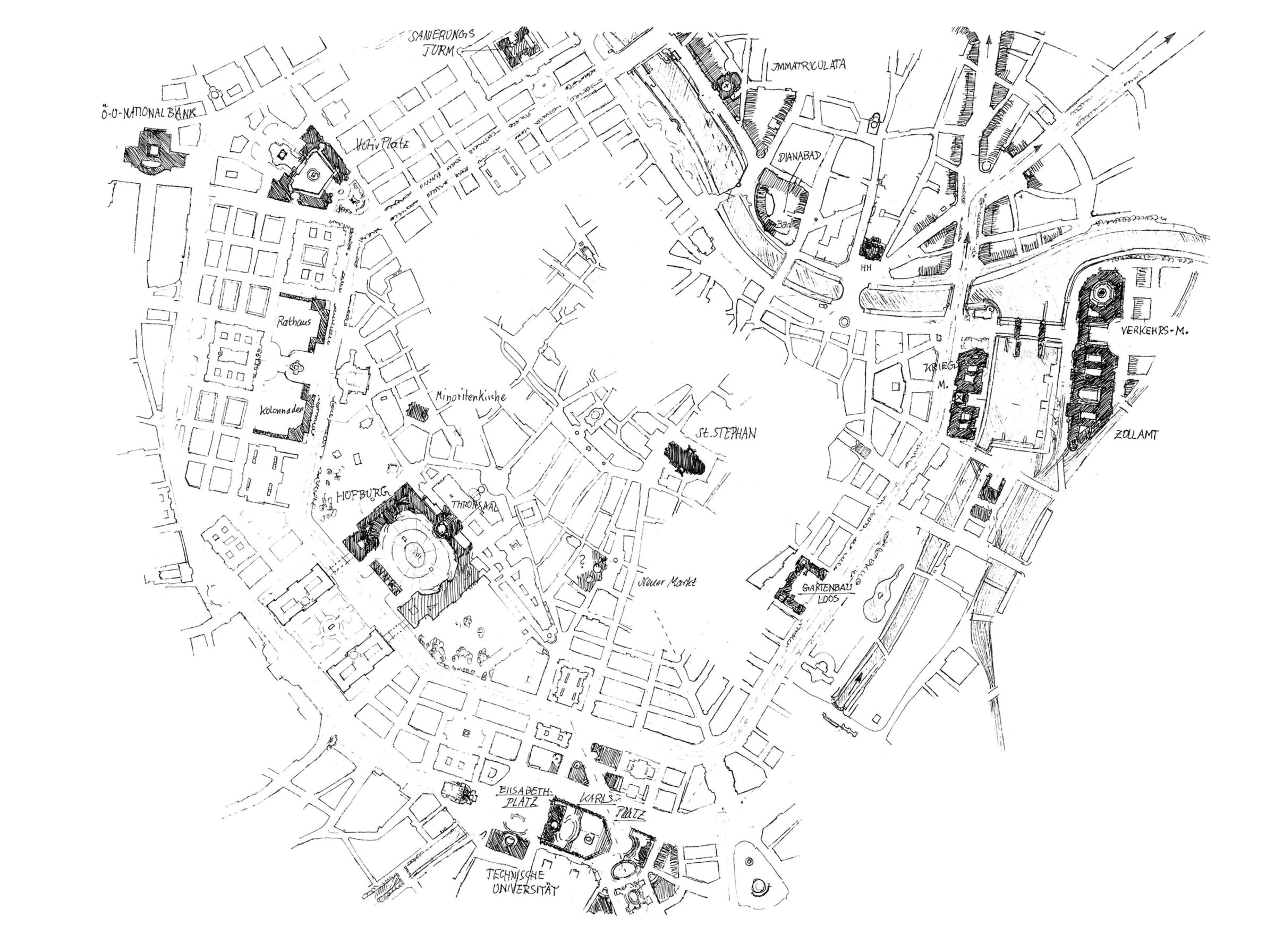 Stadtplan mit dunkel hervor gehobenen Änderungen