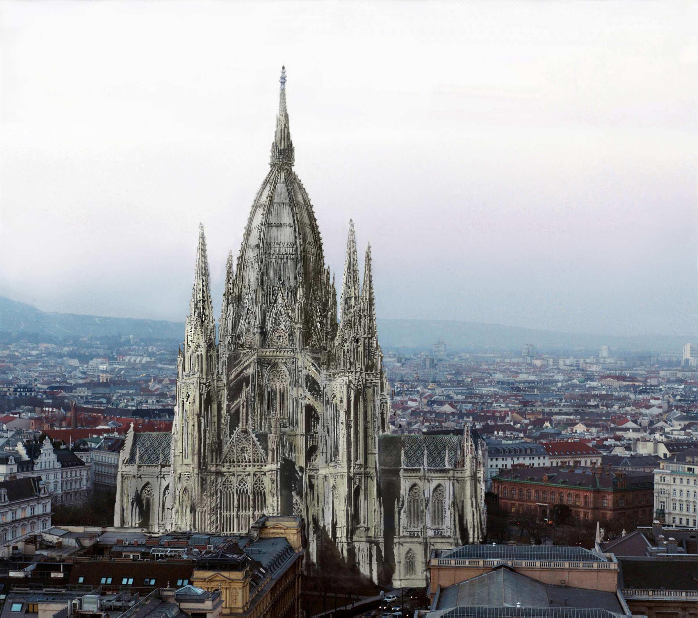 Wiens Votivkirche nach dem phantastischen Zentralbau-Plan Försters mit hinzugedachter 160 Meter hoher Kuppel