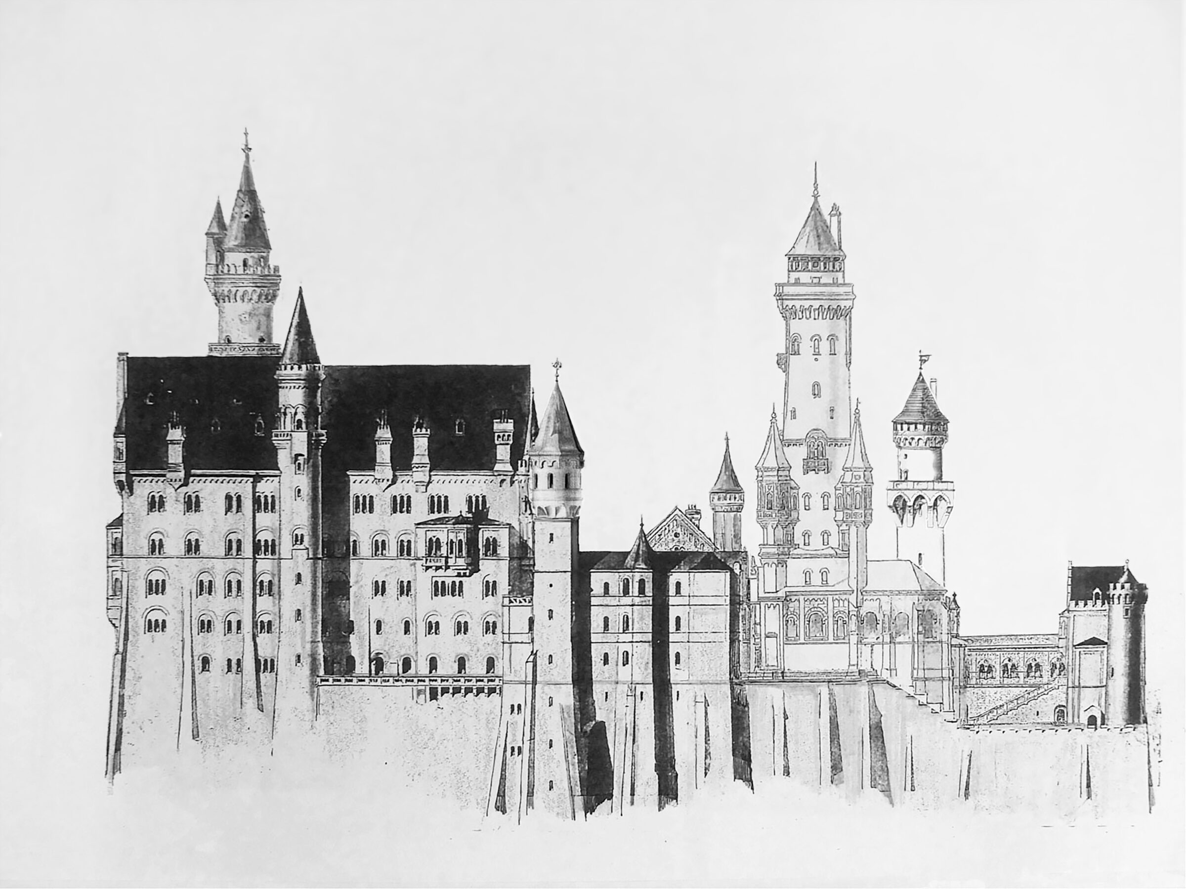 Schloss Neuschwanstein Aufriss Süd mit dem niedrigem Bergfried
