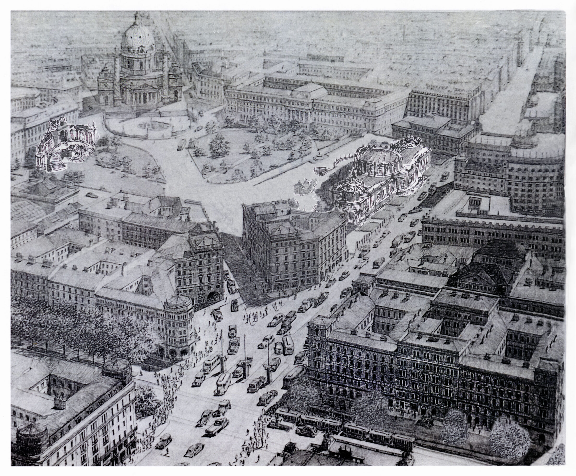 Der Karlsplatz mit dem Durchbruch von der Staatsoper am Ring hin zur Karlskirche. Rechts das Cafebazarhaus, links in einer Achse die Gloriette.