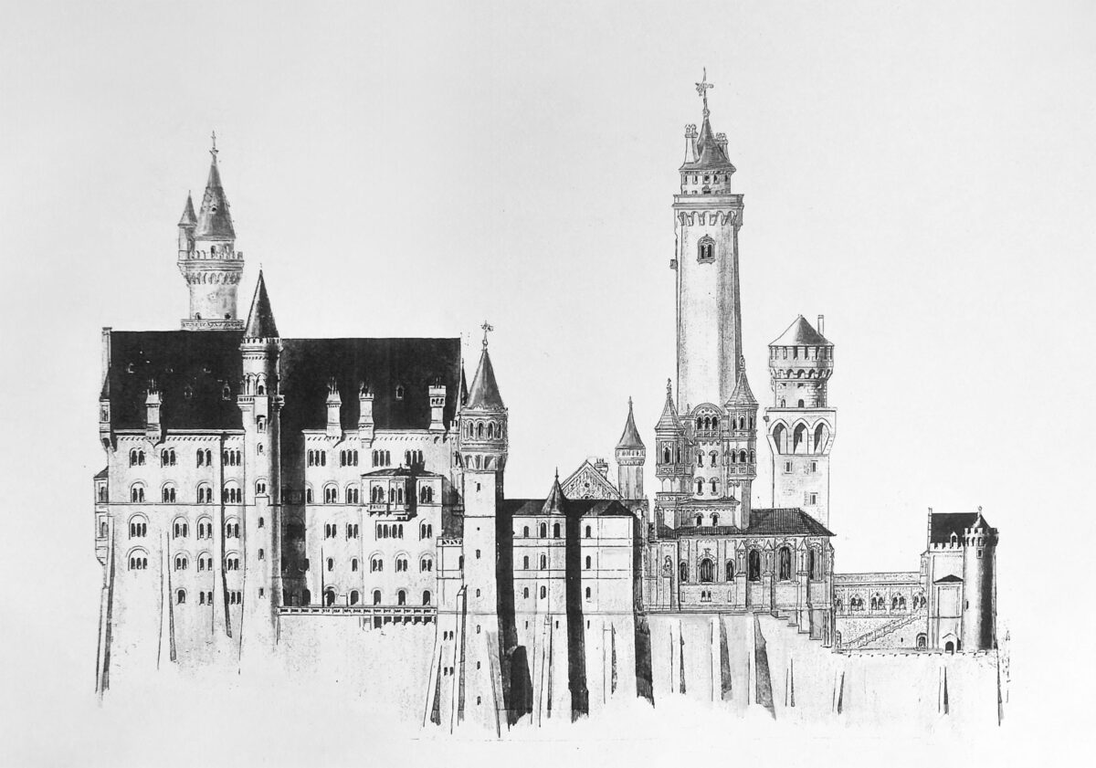 Schloss Neuschwanstein Aufriss Süd mit dem hohem Bergfried