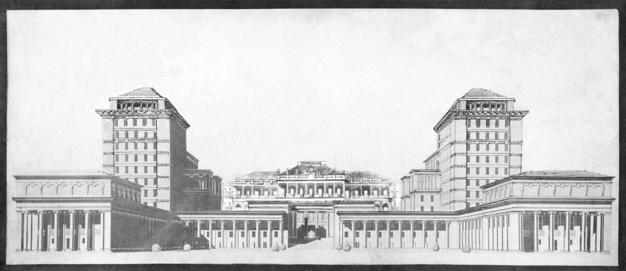 Parkring mit Hochhäusern der Gartenbaugründe am Palais Coburg. Entwurf nach Adolf Loos 1911