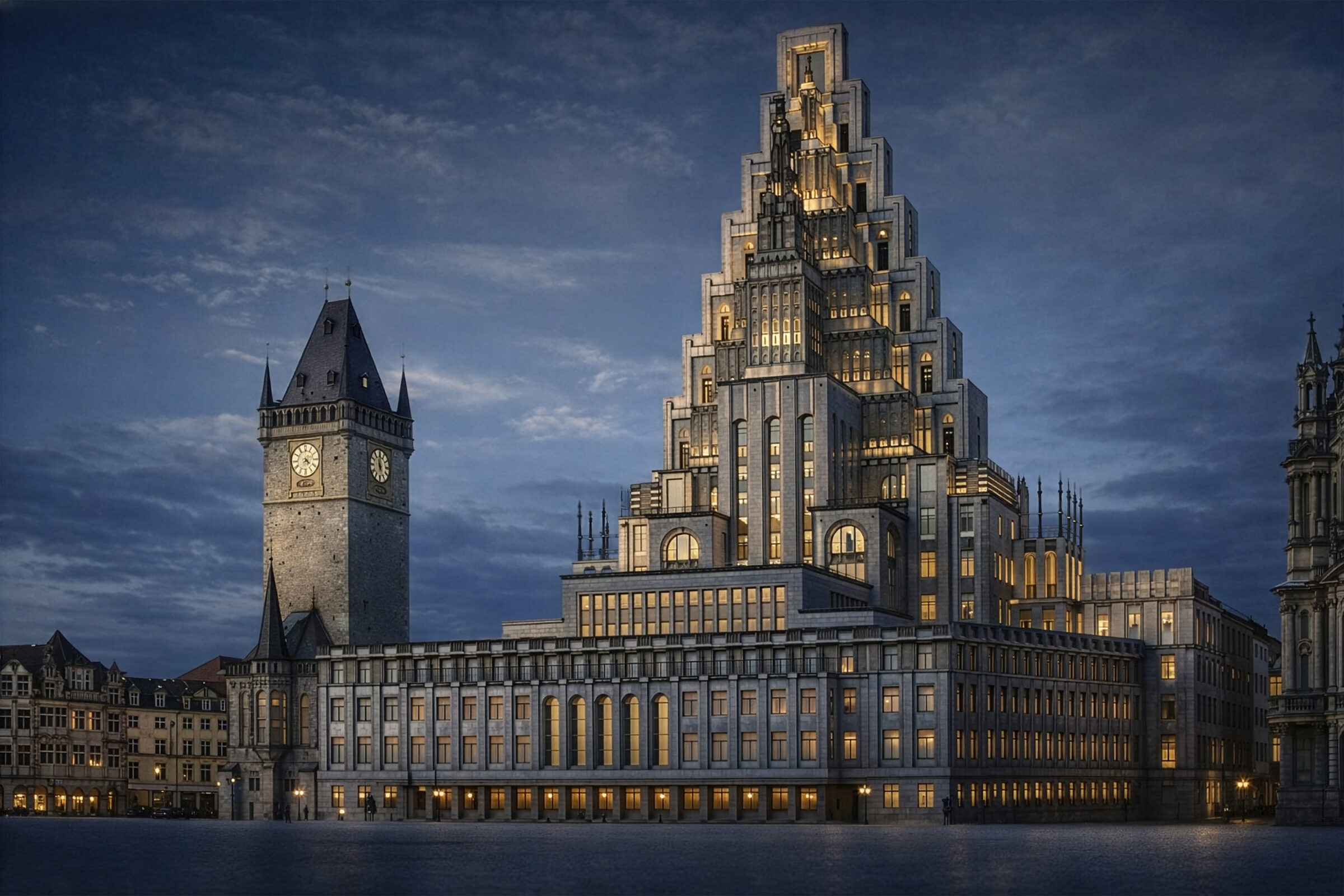 Das Rathaus aus Josef Gočárs Traum bei Nacht